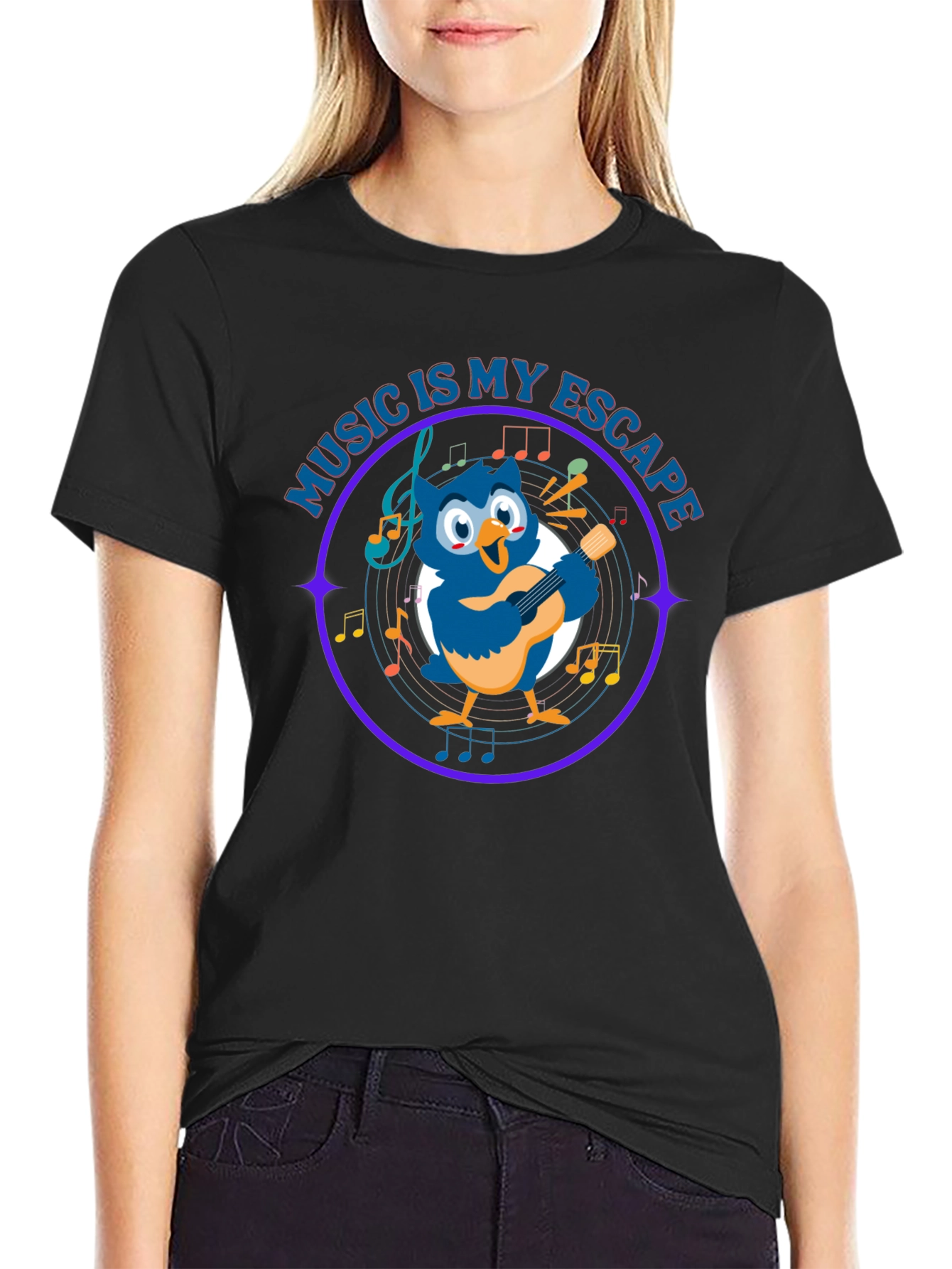 Black Music Is My Escape T-Shirt with Cartoon Owl view 2