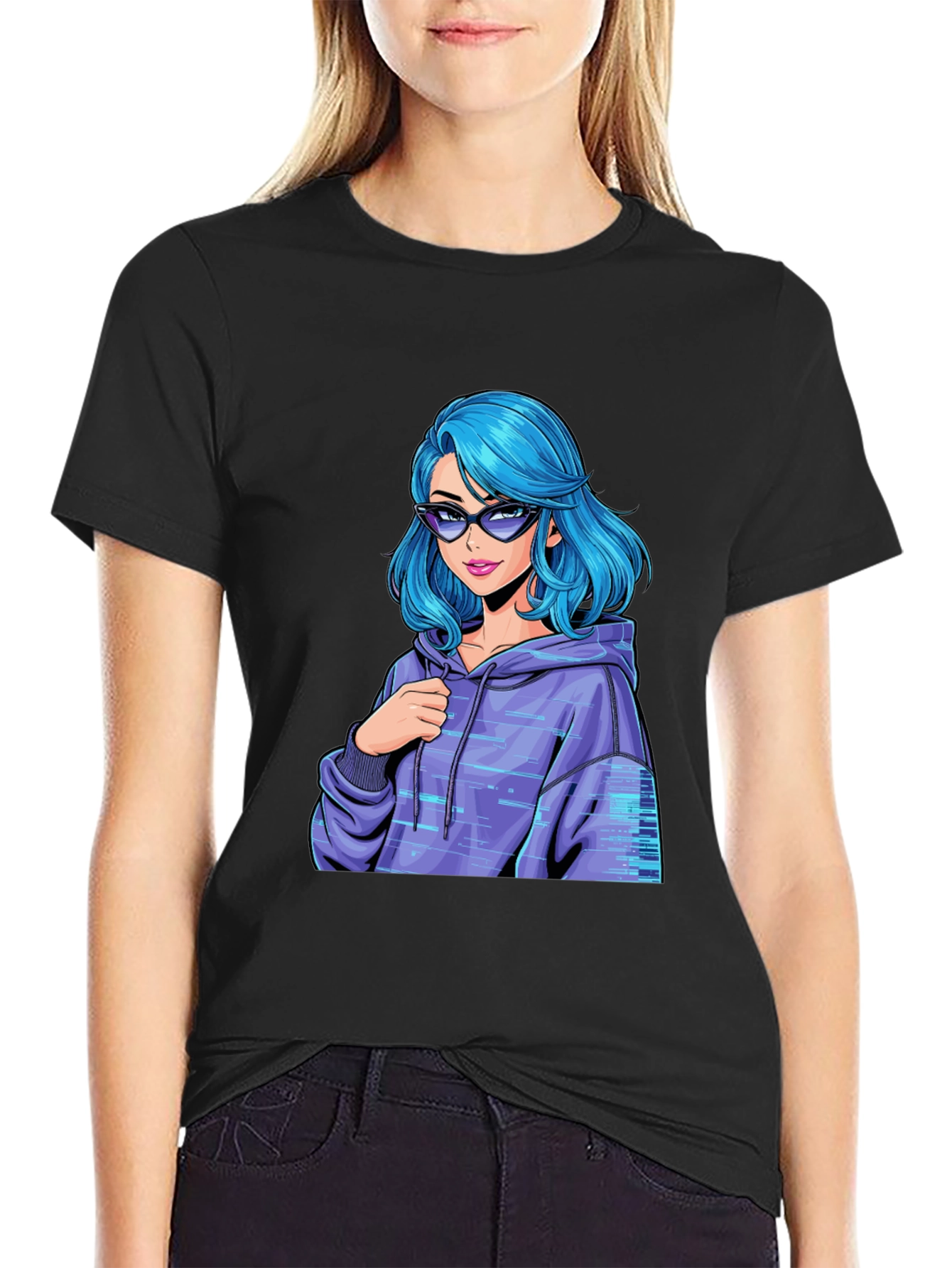Stylish Black T-Shirt with Blue Anime Girl Design - 2