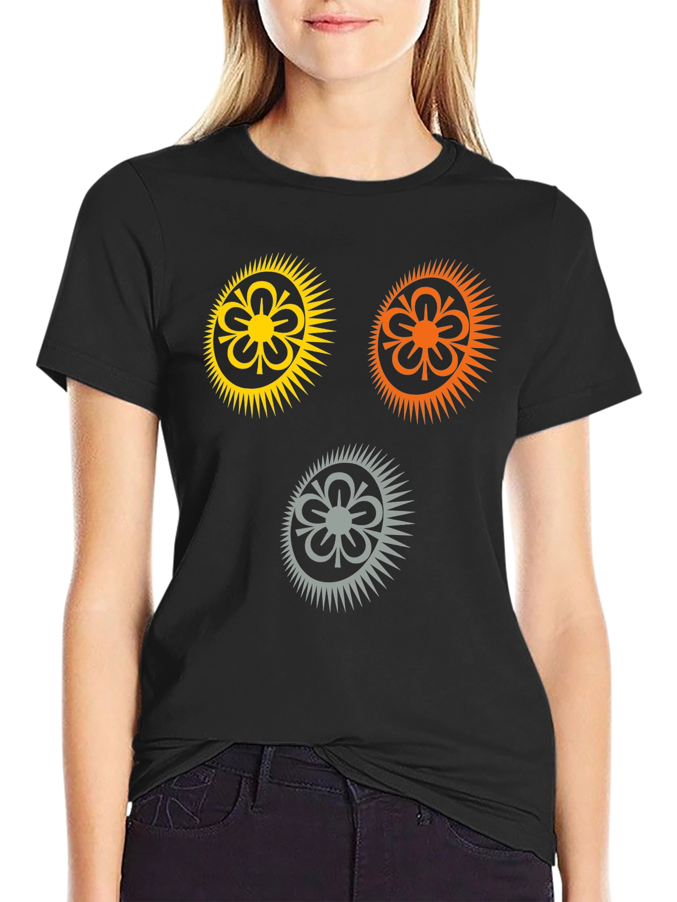 Black Stylish Black T-Shirt with Floral Sun Graphic view 2