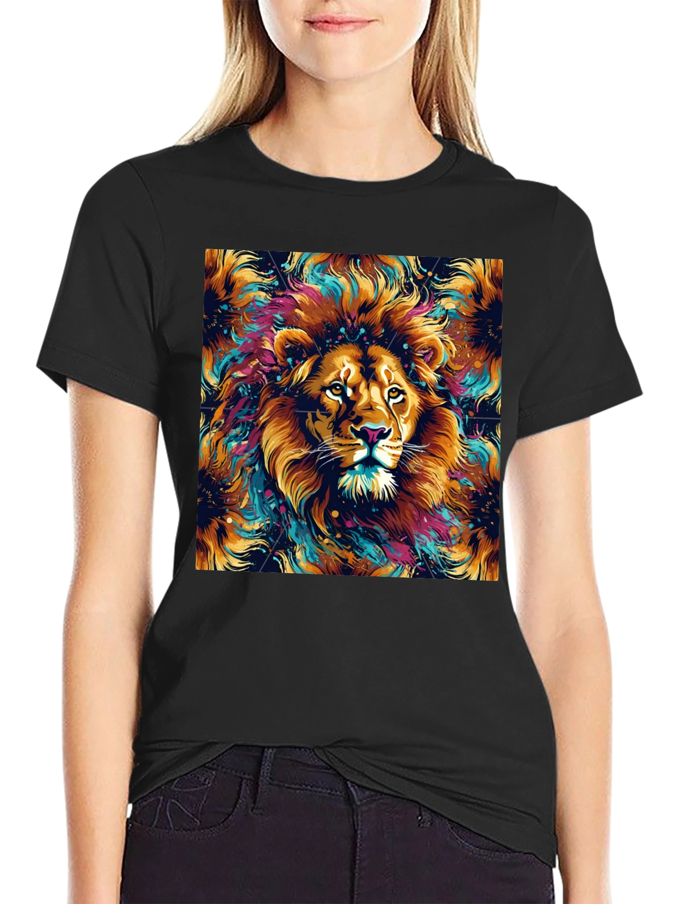 Black Lion Art Graphic Black T-Shirt view 2