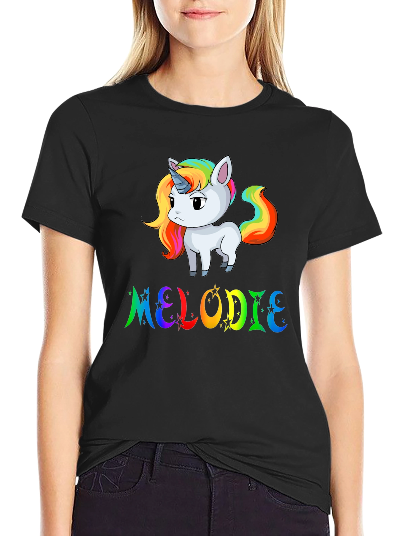 Black Rainbow Unicorn MELODIE Custom T-Shirt view 2