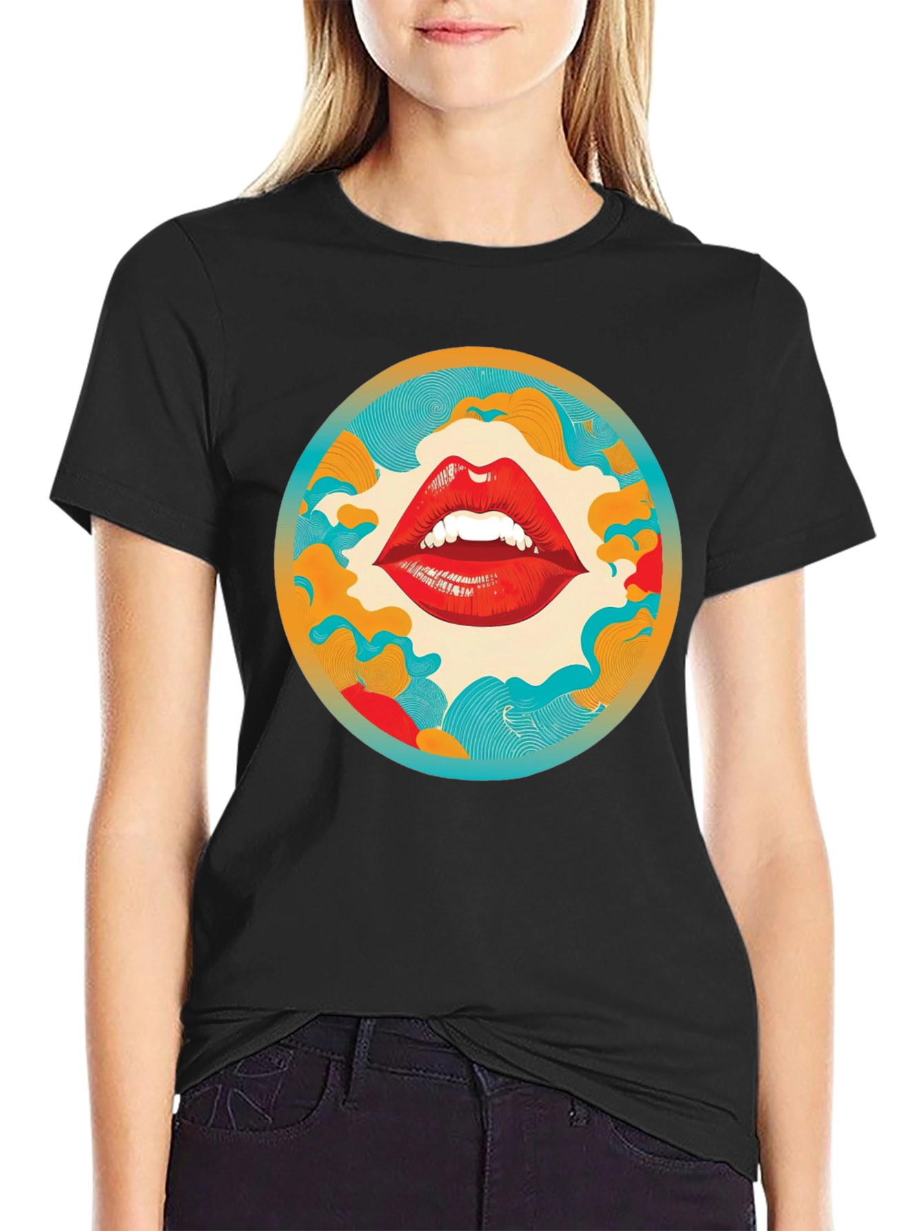 Black Graphic Lips Print Crew Neck Tee view 2