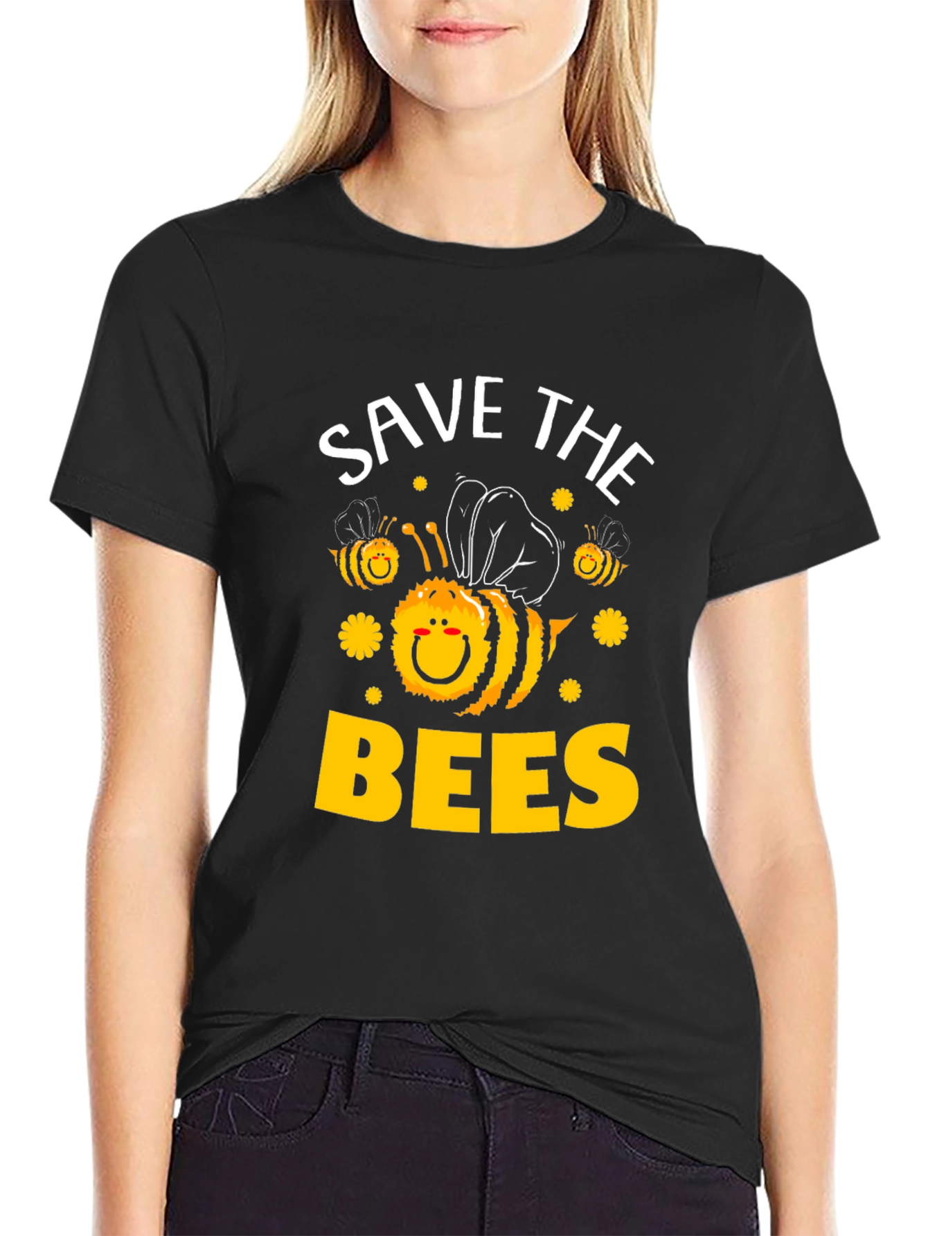 Black Save the Bees T-Shirt - Black, Cute Bee Graphic view 2