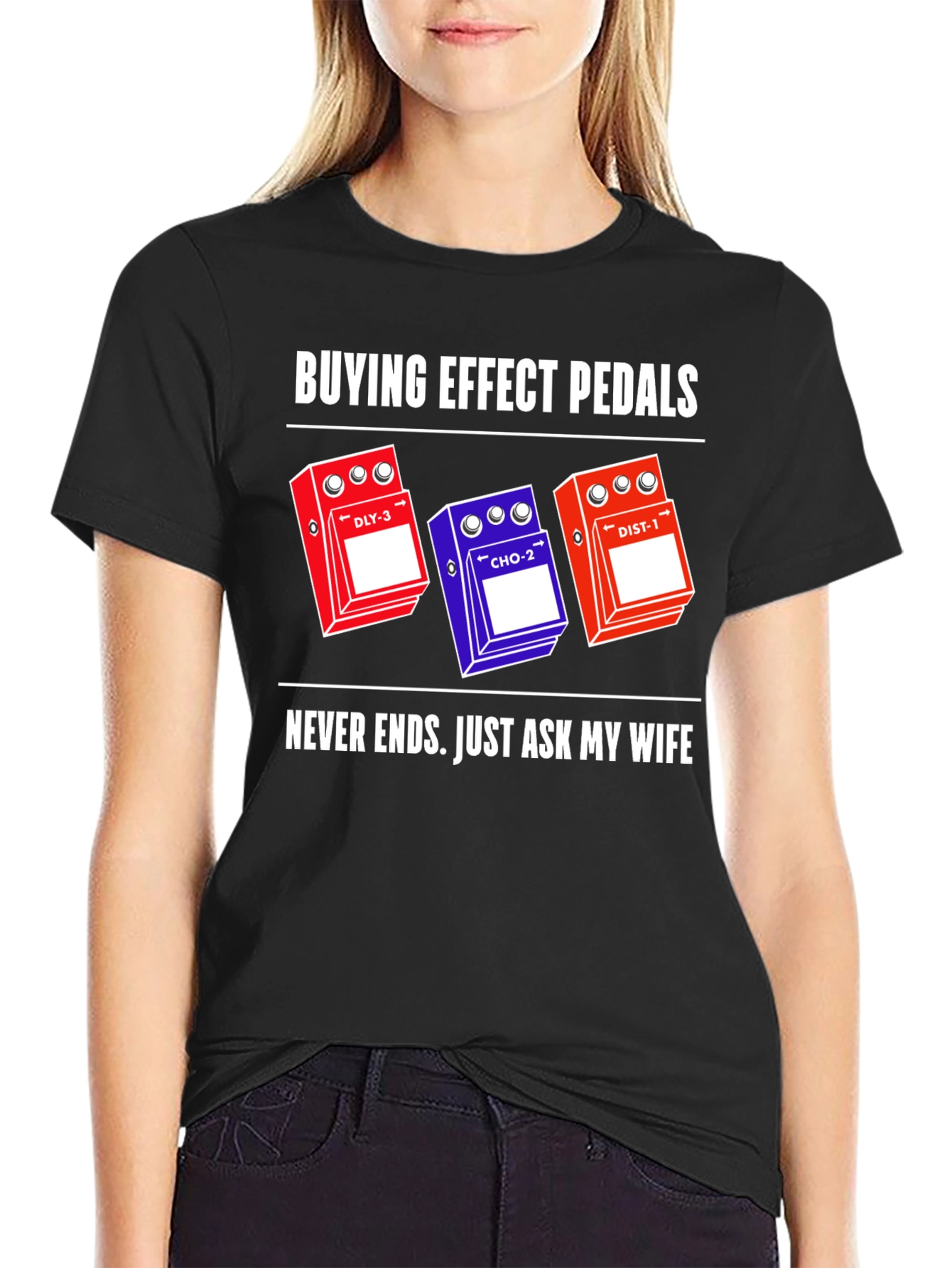 Black Buying Effect Pedals T-Shirt, Guitar Humor Tee view 2