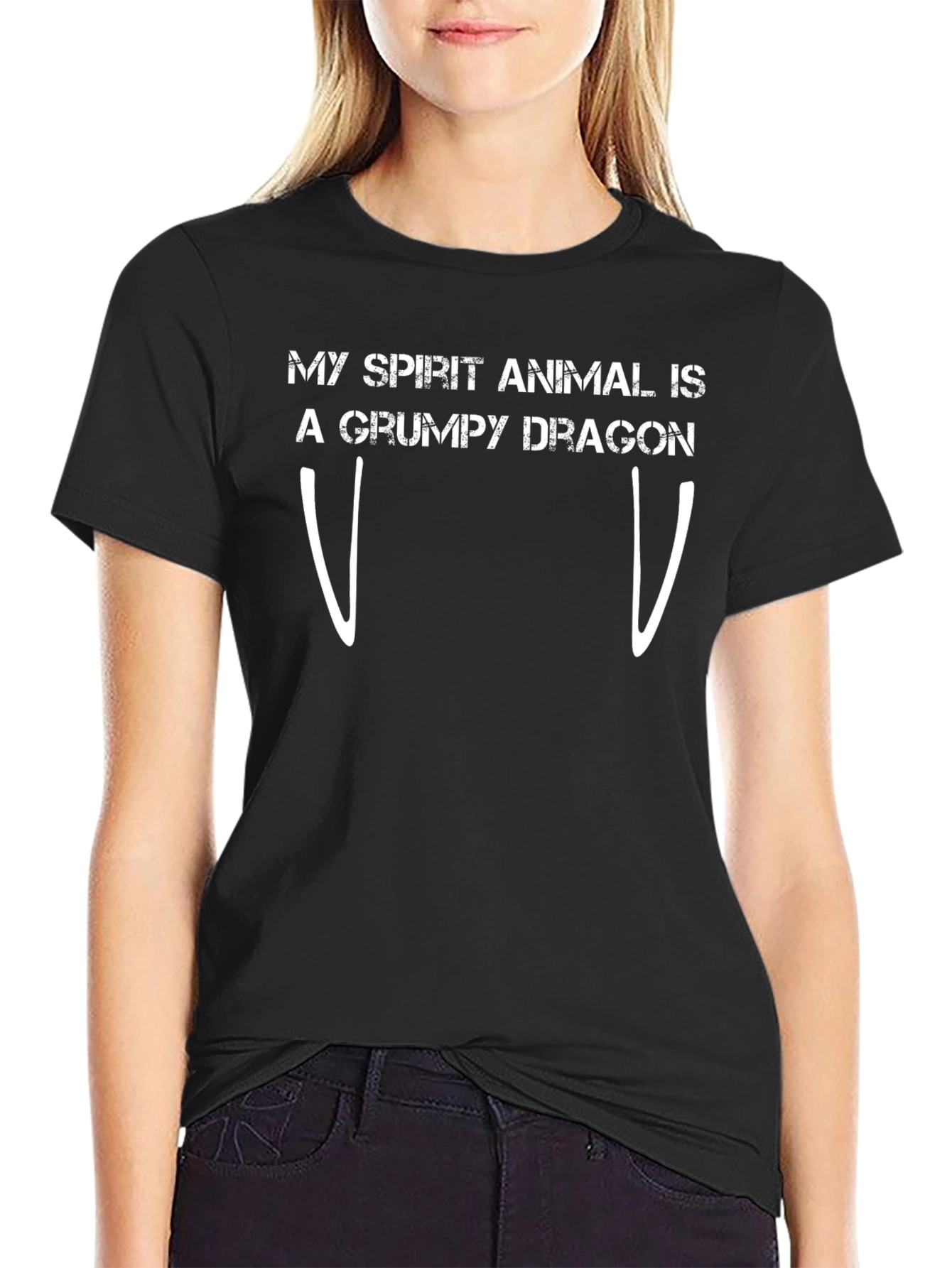 Black Grumpy Dragon T-Shirt - Black Cotton Blend Tee view 2