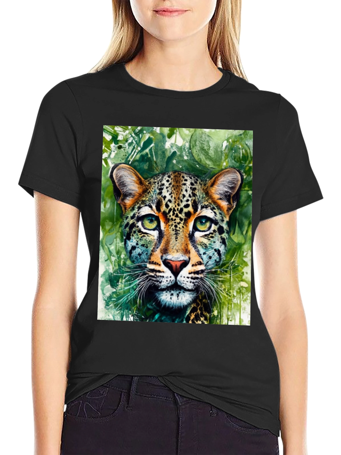 Black Leopard Graphic Tee - Wildlife Art Shirt view 2