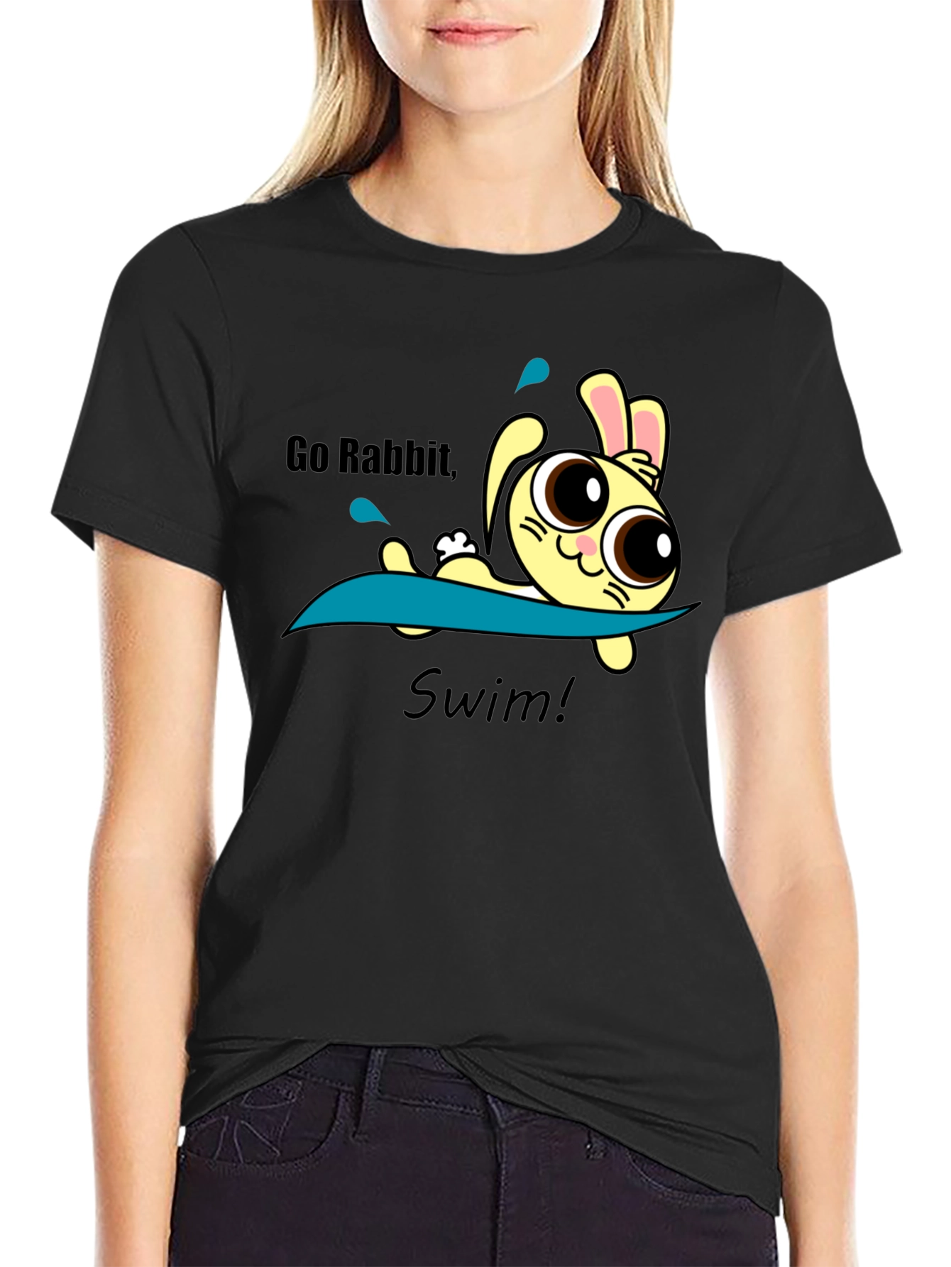 Black Go Rabbit Swim Graphic Tee - Black Cotton Blend view 2
