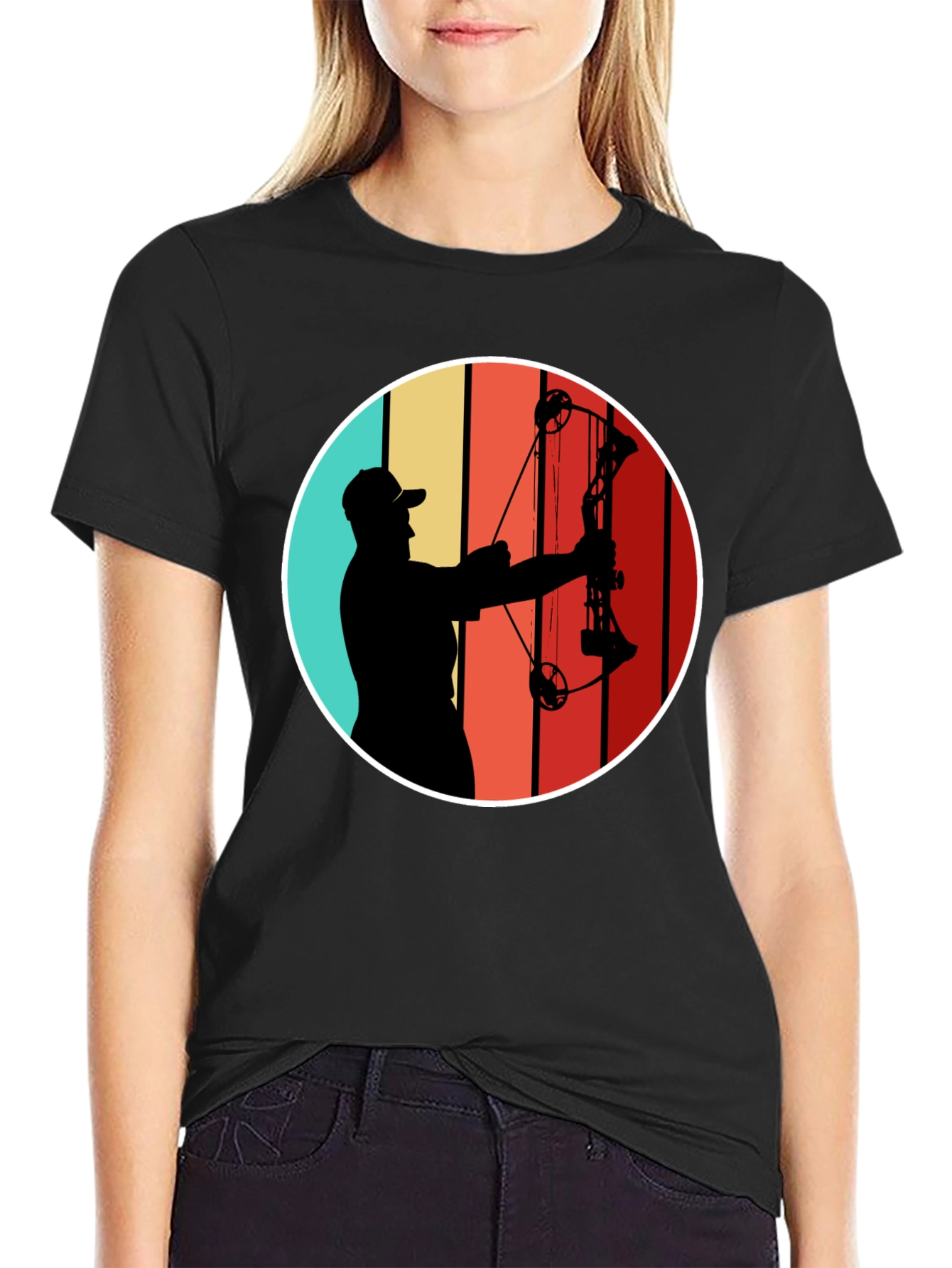 Black Archery Silhouette Tee - Retro Style Bow Hunter T-Shirt view 2