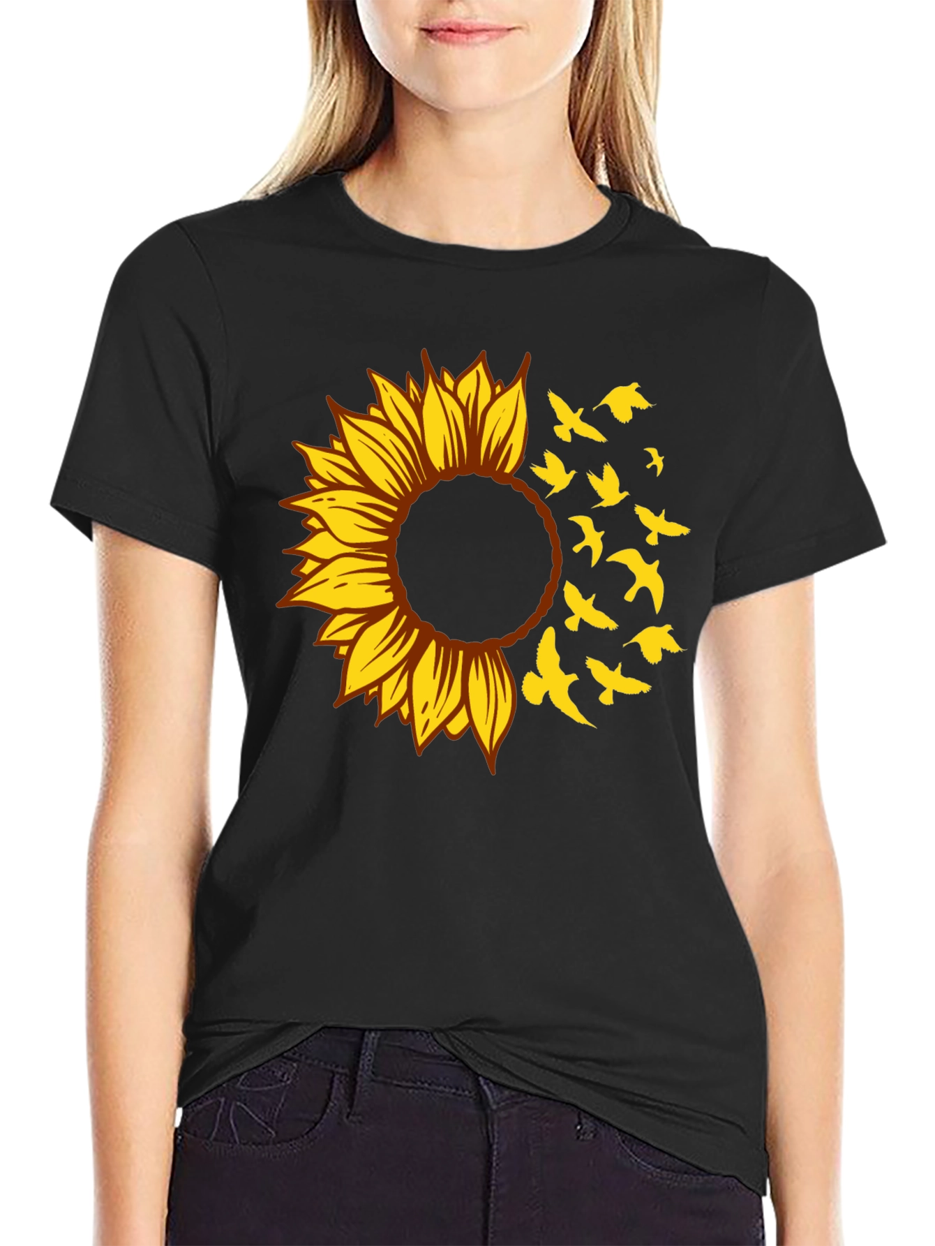 Black Sunflower Bird T-Shirt - Stylish Graphic Tee view 2