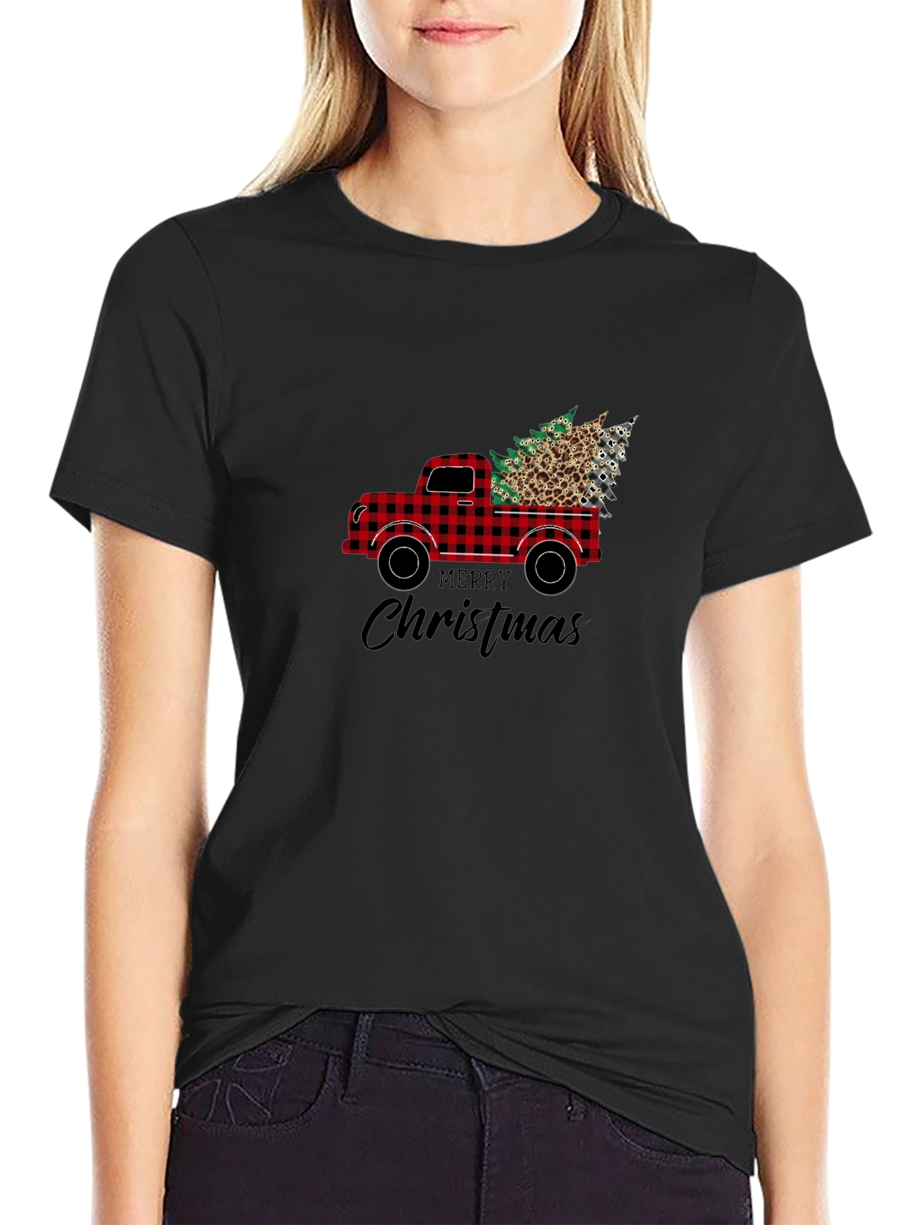 Black Buffalo Plaid Truck Christmas Tee view 2