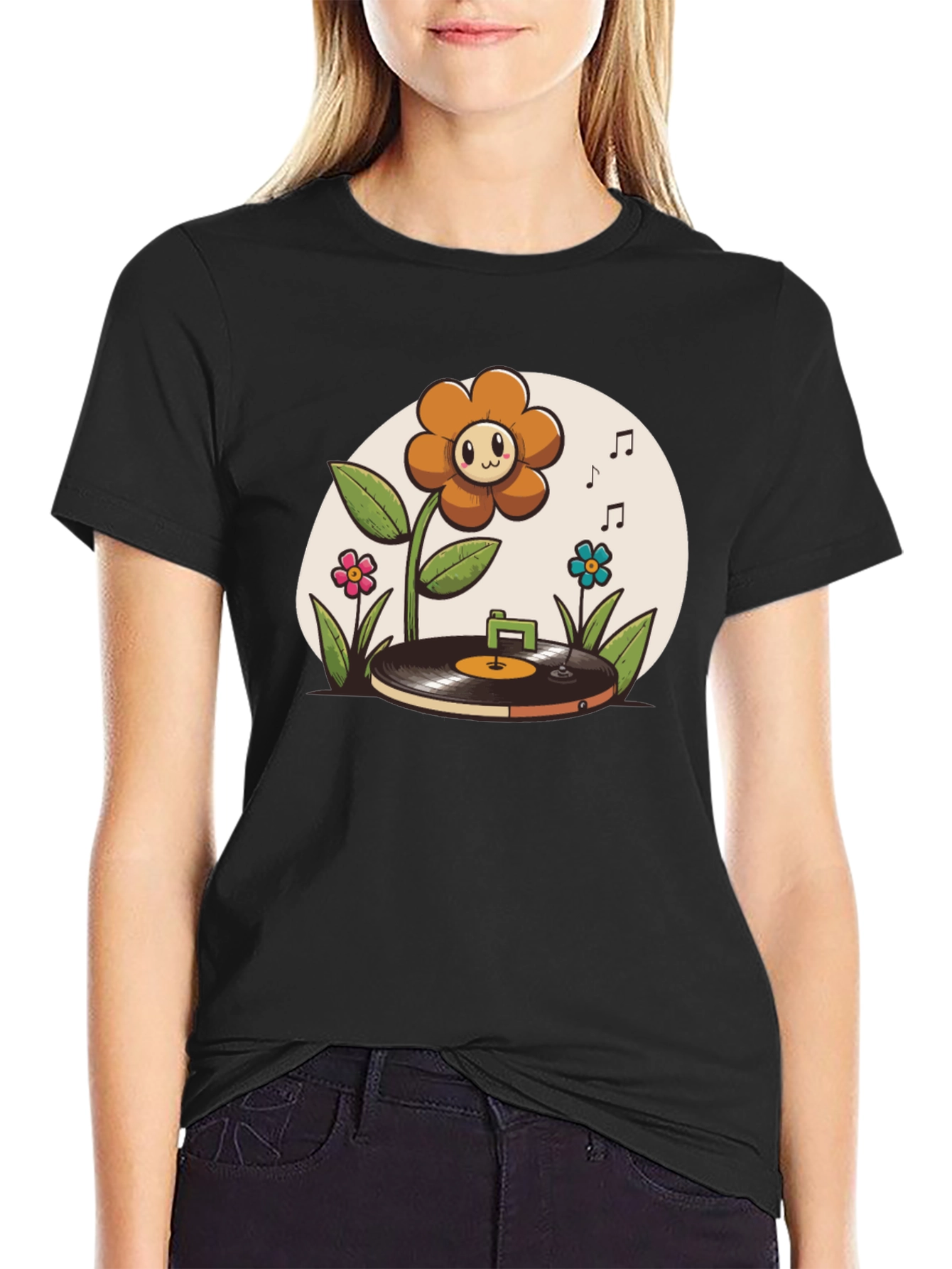 Black Groovy Flower Power Music T-Shirt view 2
