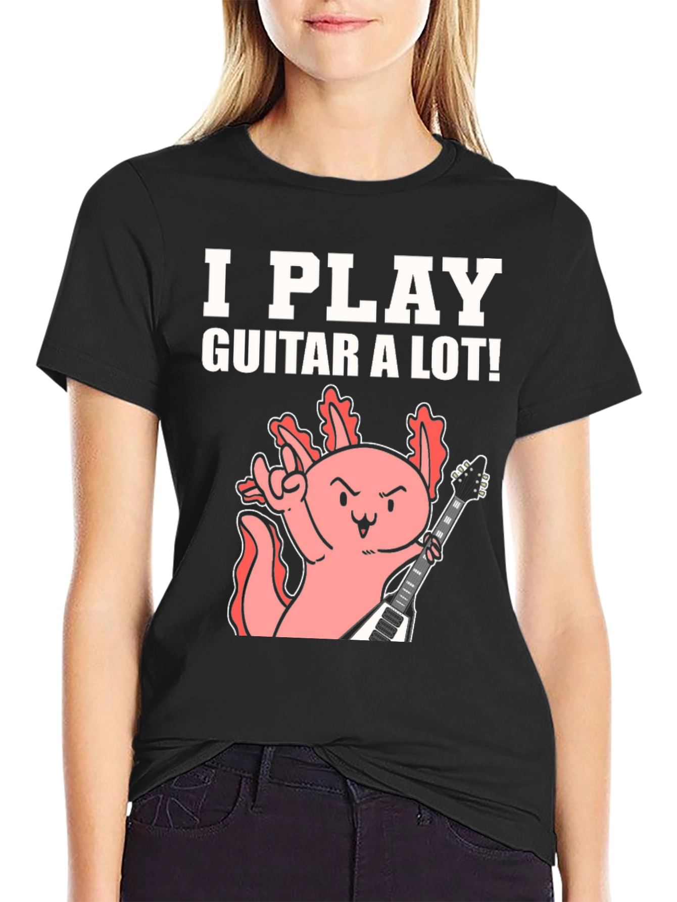 Black I Play Guitar A Lot! Axolotl Musician Graphic Tee view 2