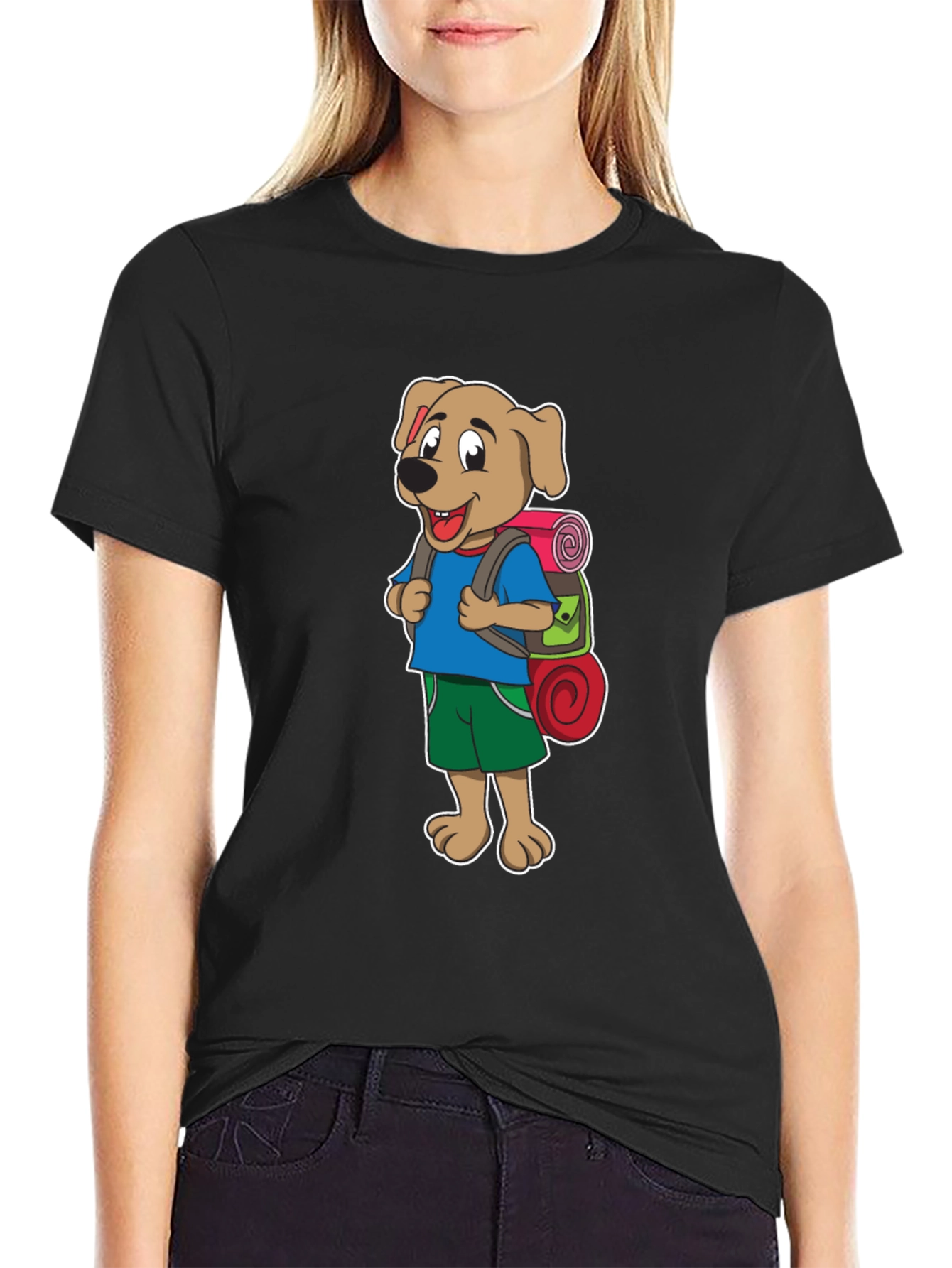 Black Dog Hiker Cartoon Black T-Shirt view 2