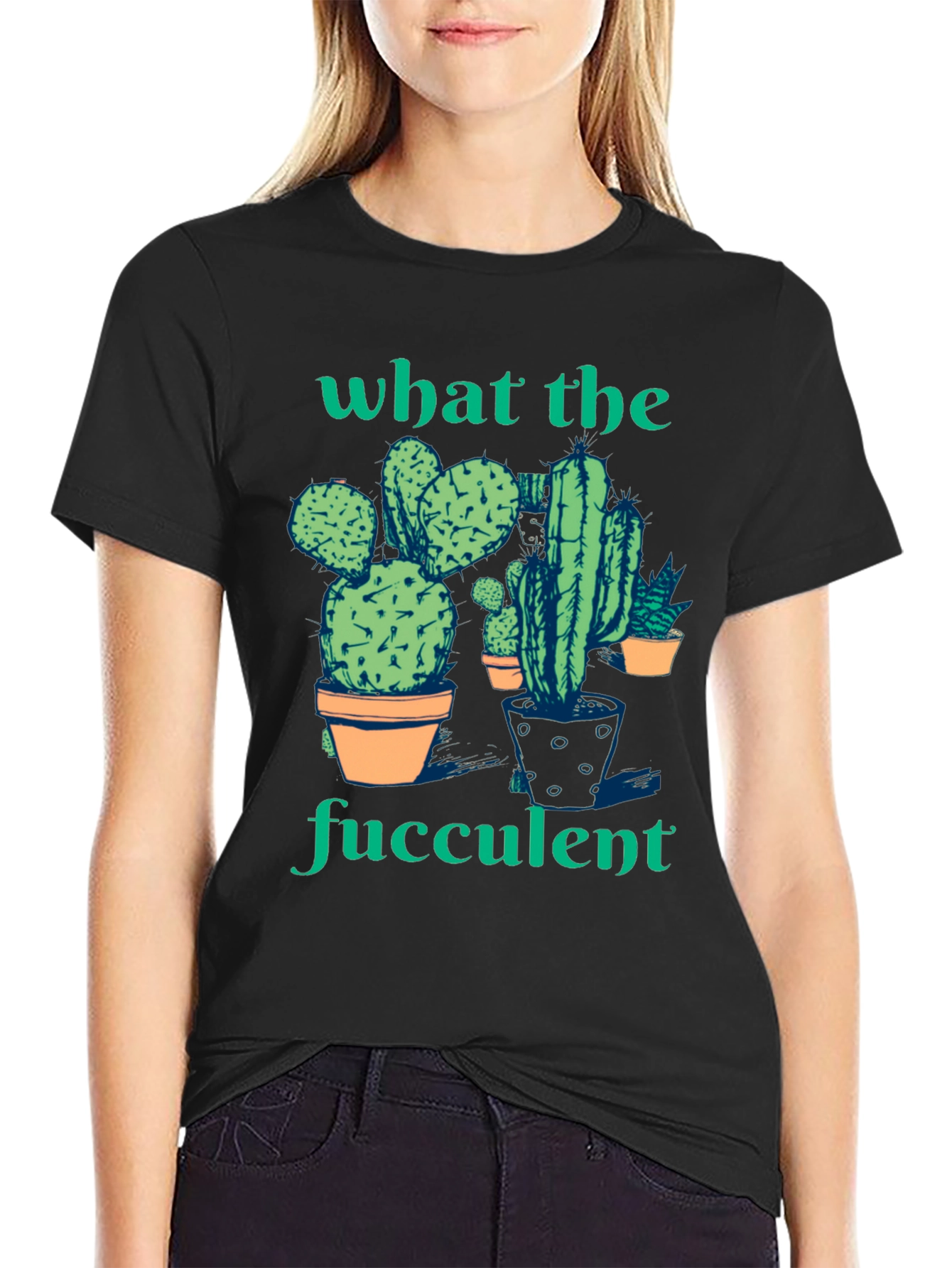 Black What the Fucculent Cactus Humor Graphic T-Shirt view 2