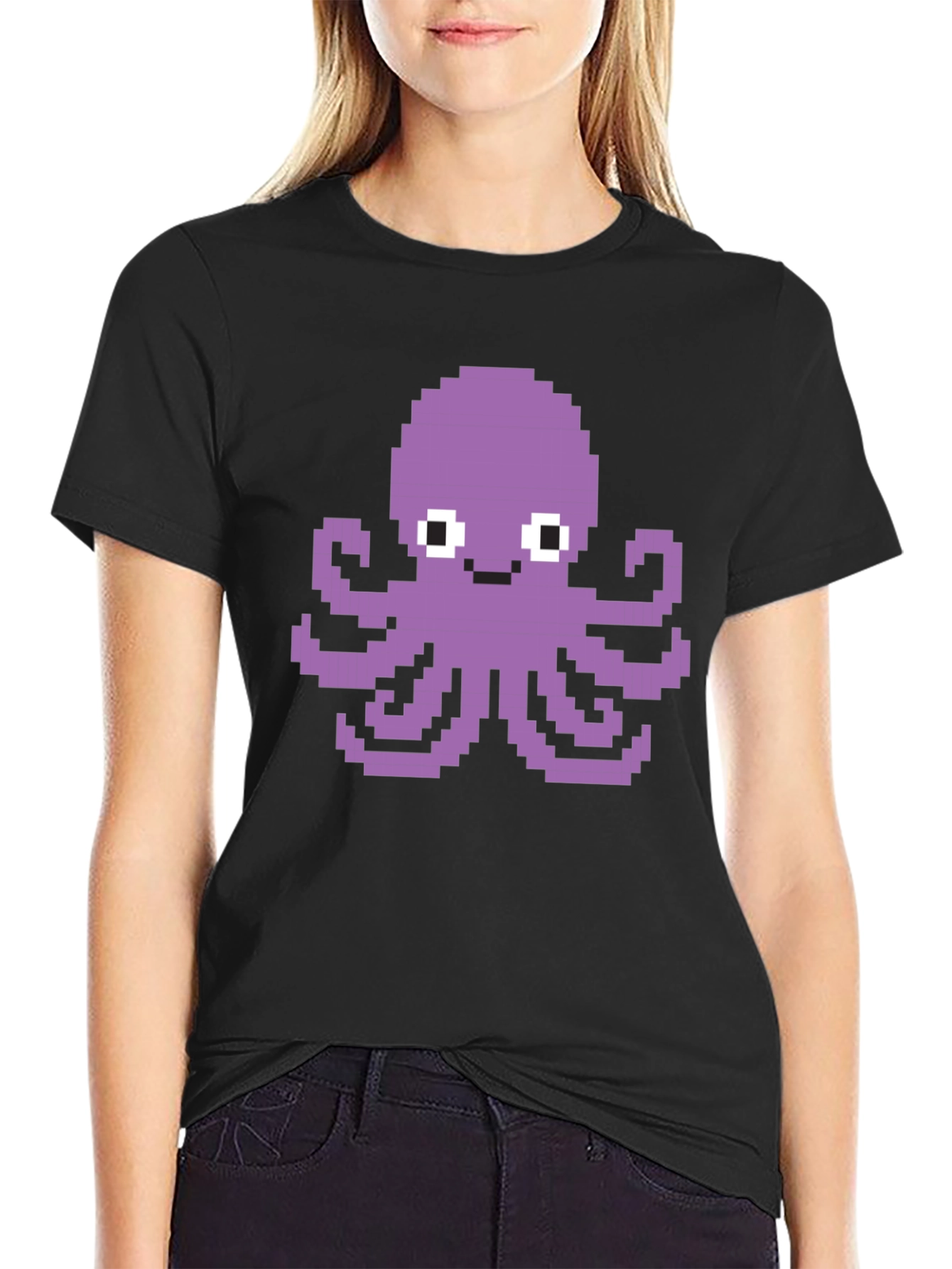 Black Pixel Octopus Graphic Tee - Black Cotton T-Shirt view 2