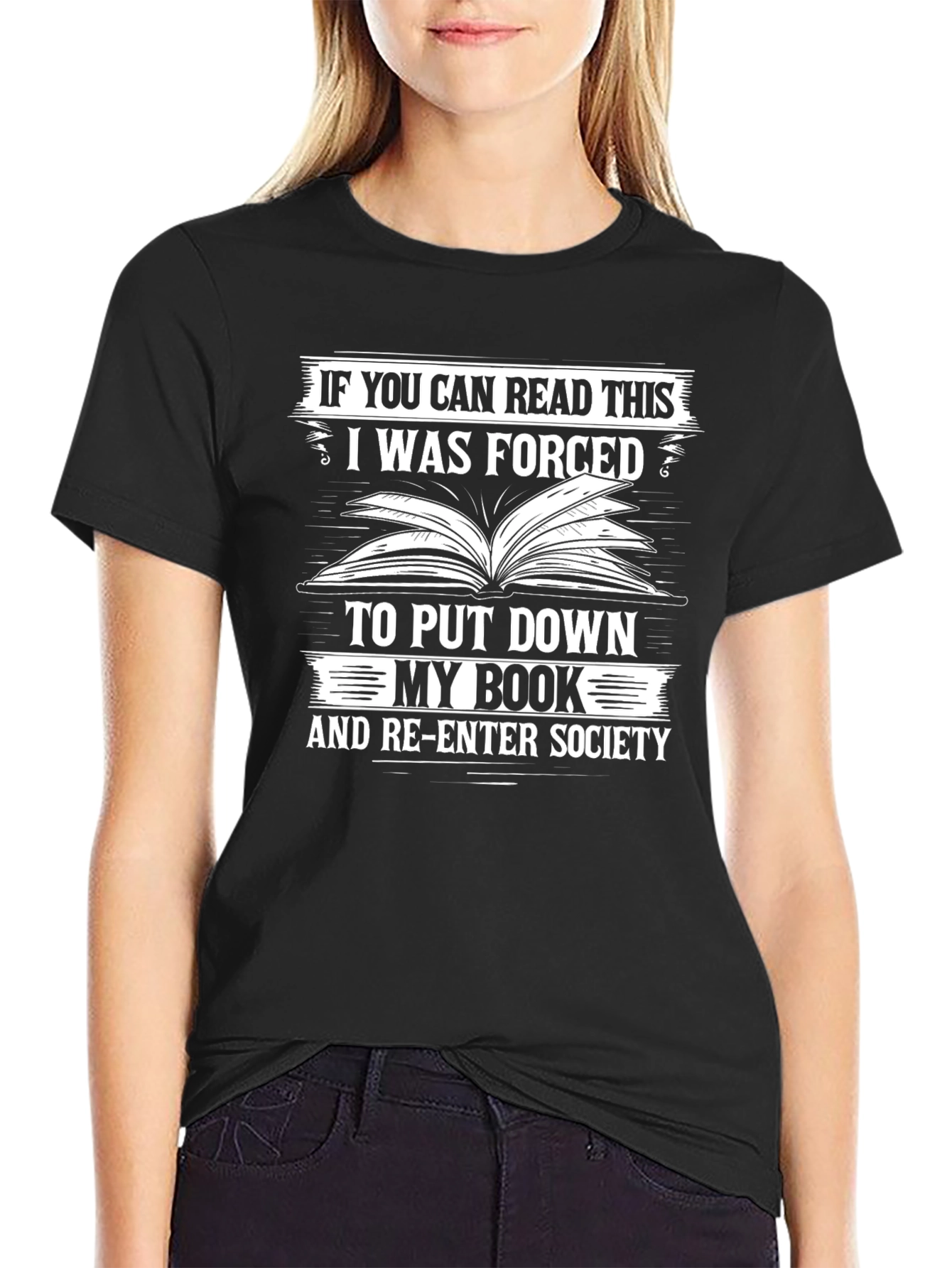 Black Funny Book Lover T-Shirt - Forced to Re-Enter Society view 2