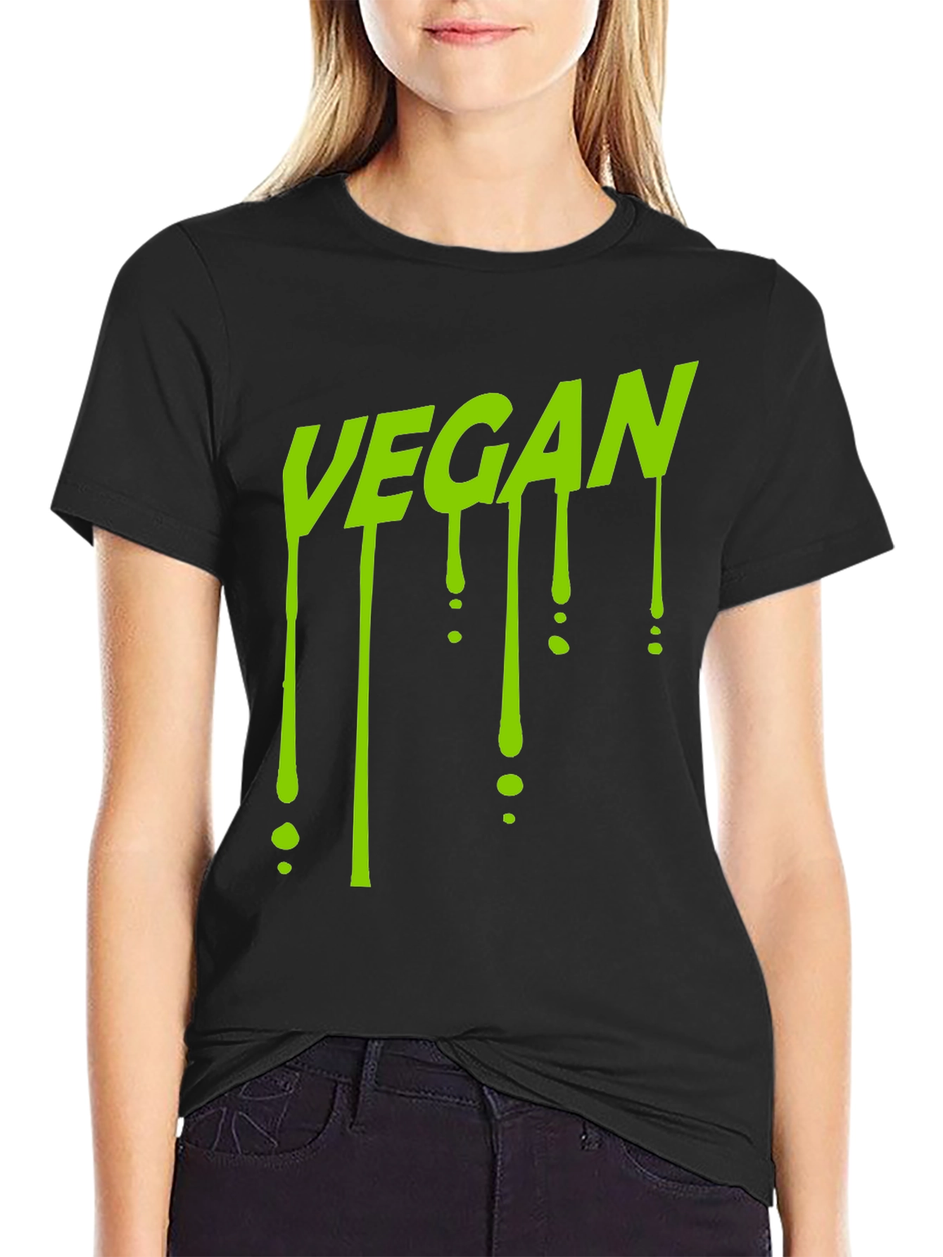 Black Vegan Drip T-Shirt - Black Crew Neck view 2