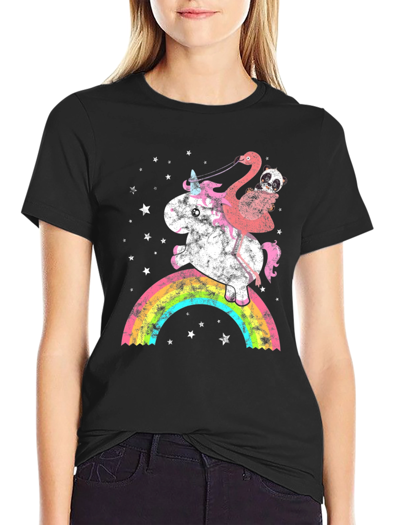Black Unicorn, Flamingo, & Panda Rainbow Graphic Tee view 2