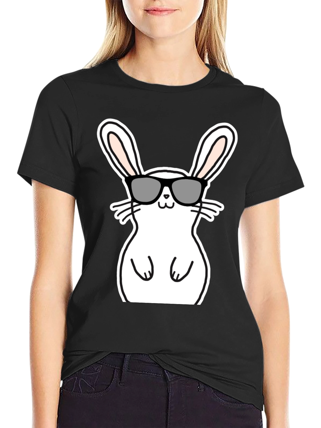 Black Cool Bunny Graphic Tee - Black Cotton Blend view 2