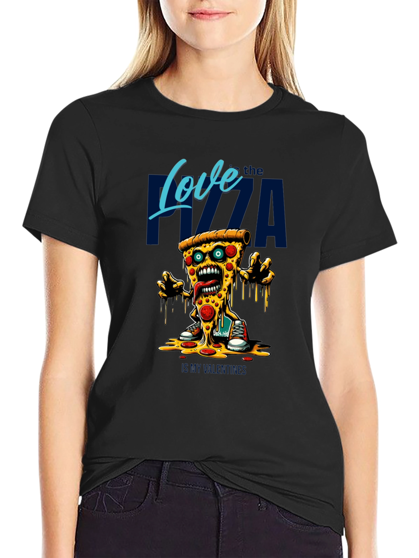 Black Love the Pizza Graphic T-Shirt - Fun Foodie Tee view 2