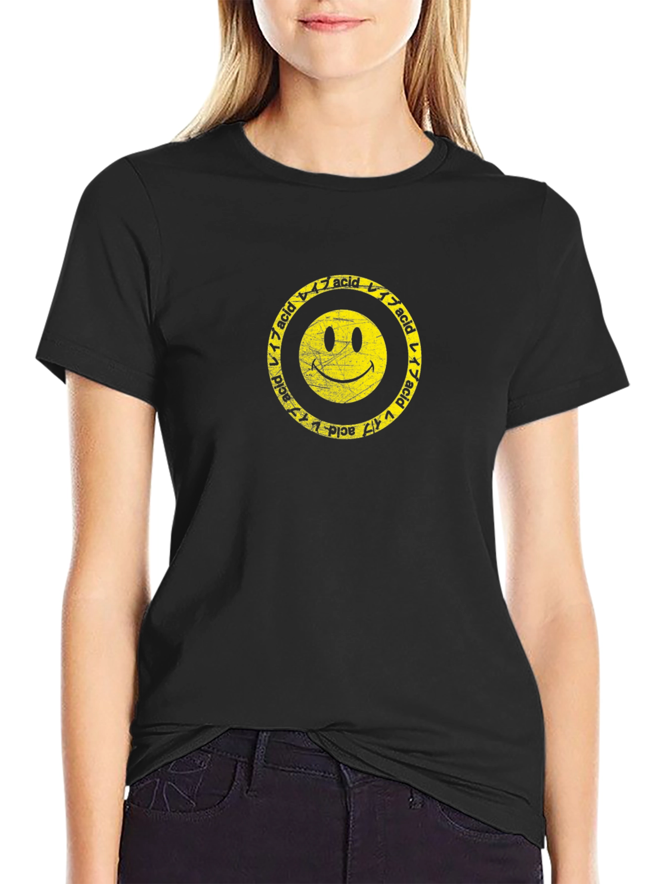 Black Acid Smiley Face Graphic Tee - Retro Style view 2