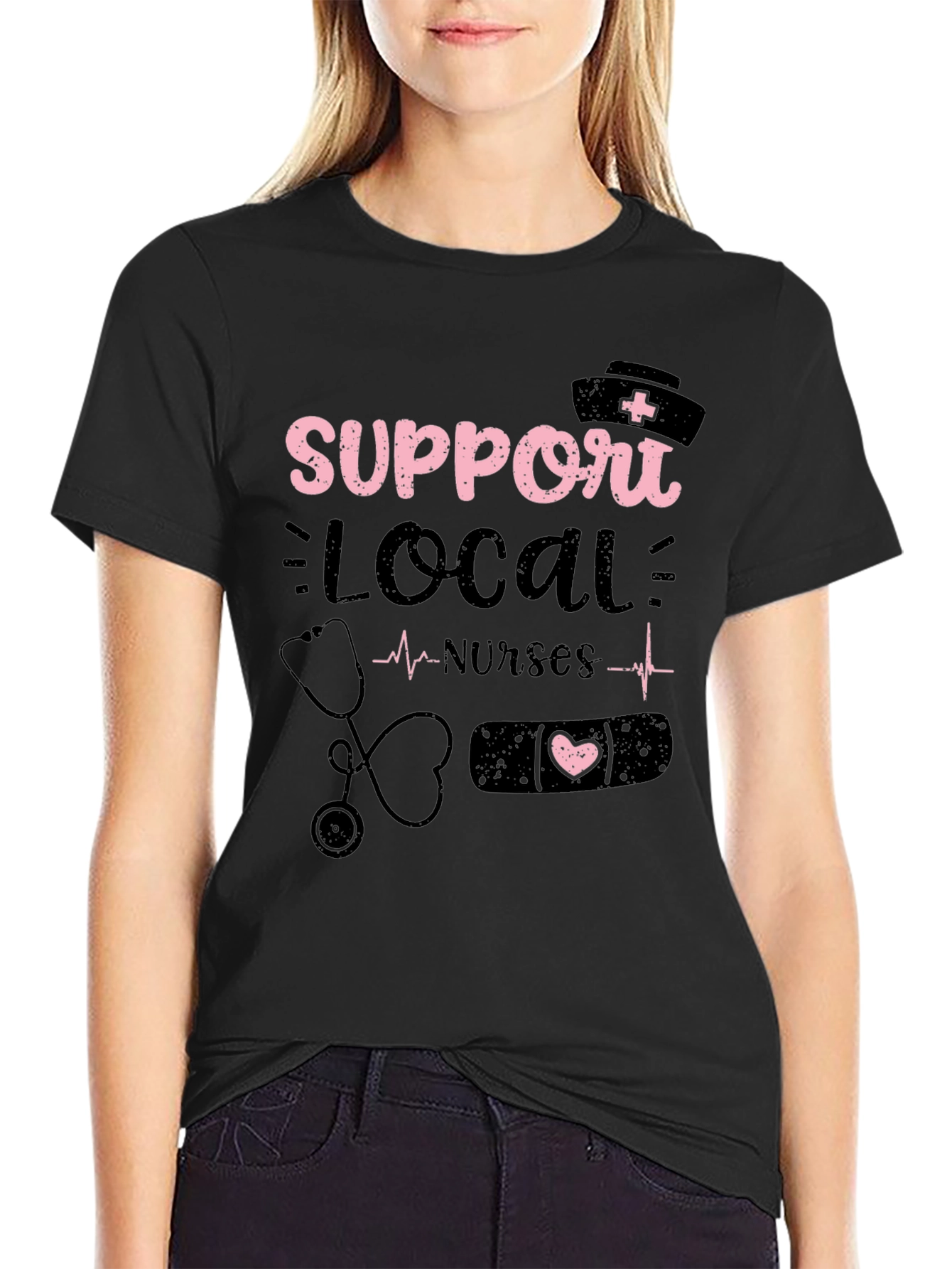 Black Support Local Nurses Graphic Tee view 2