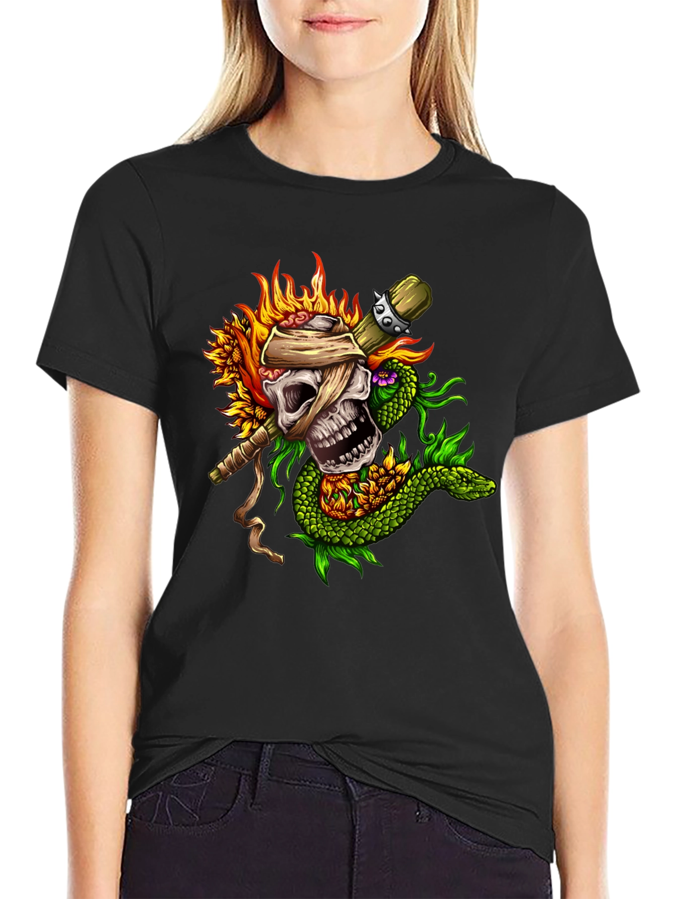 Black Skull & Snake Graphic Tee - Unique Tattoo Style view 2