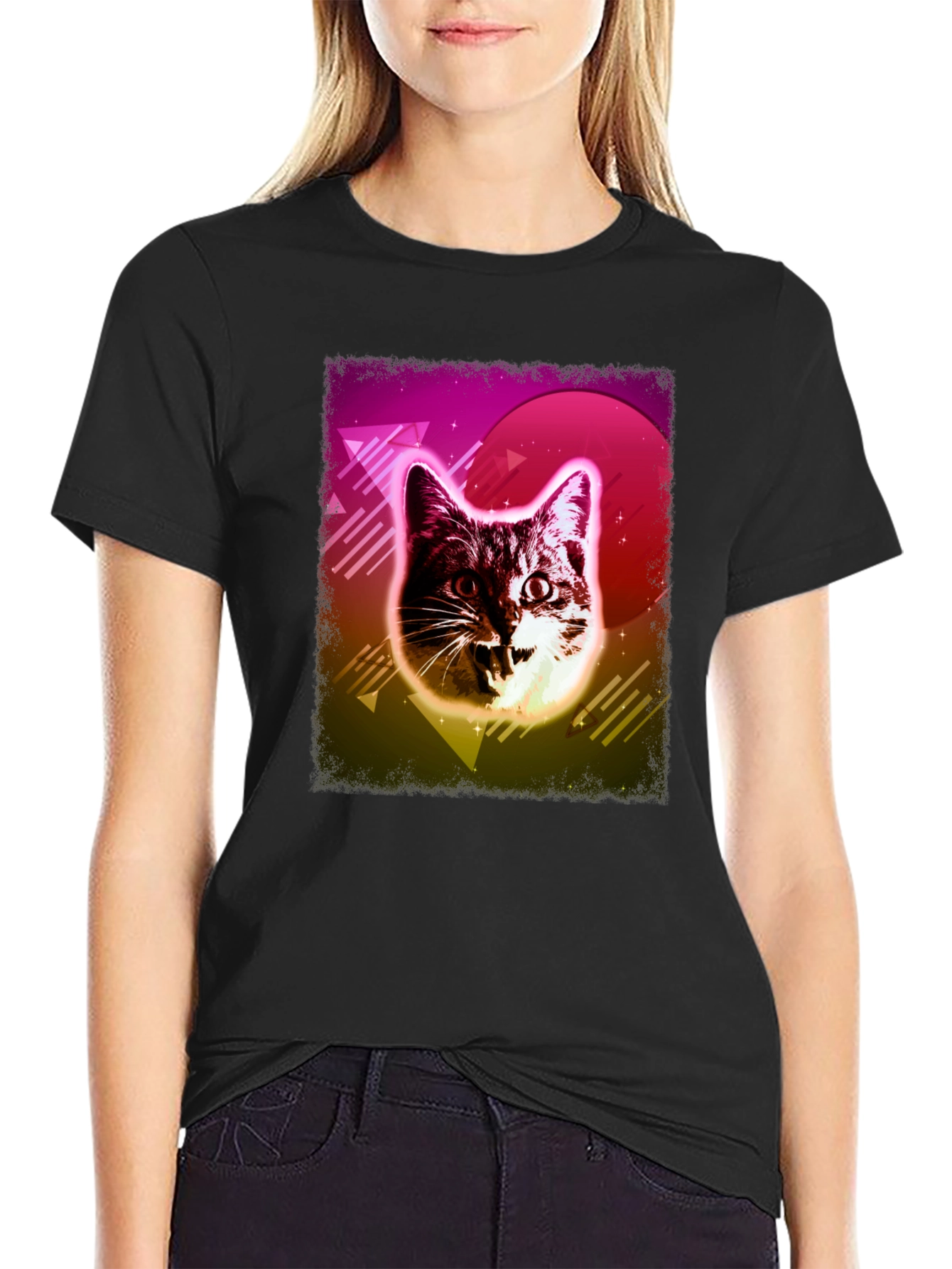 Black Retro Cat Graphic Tee - Black view 2
