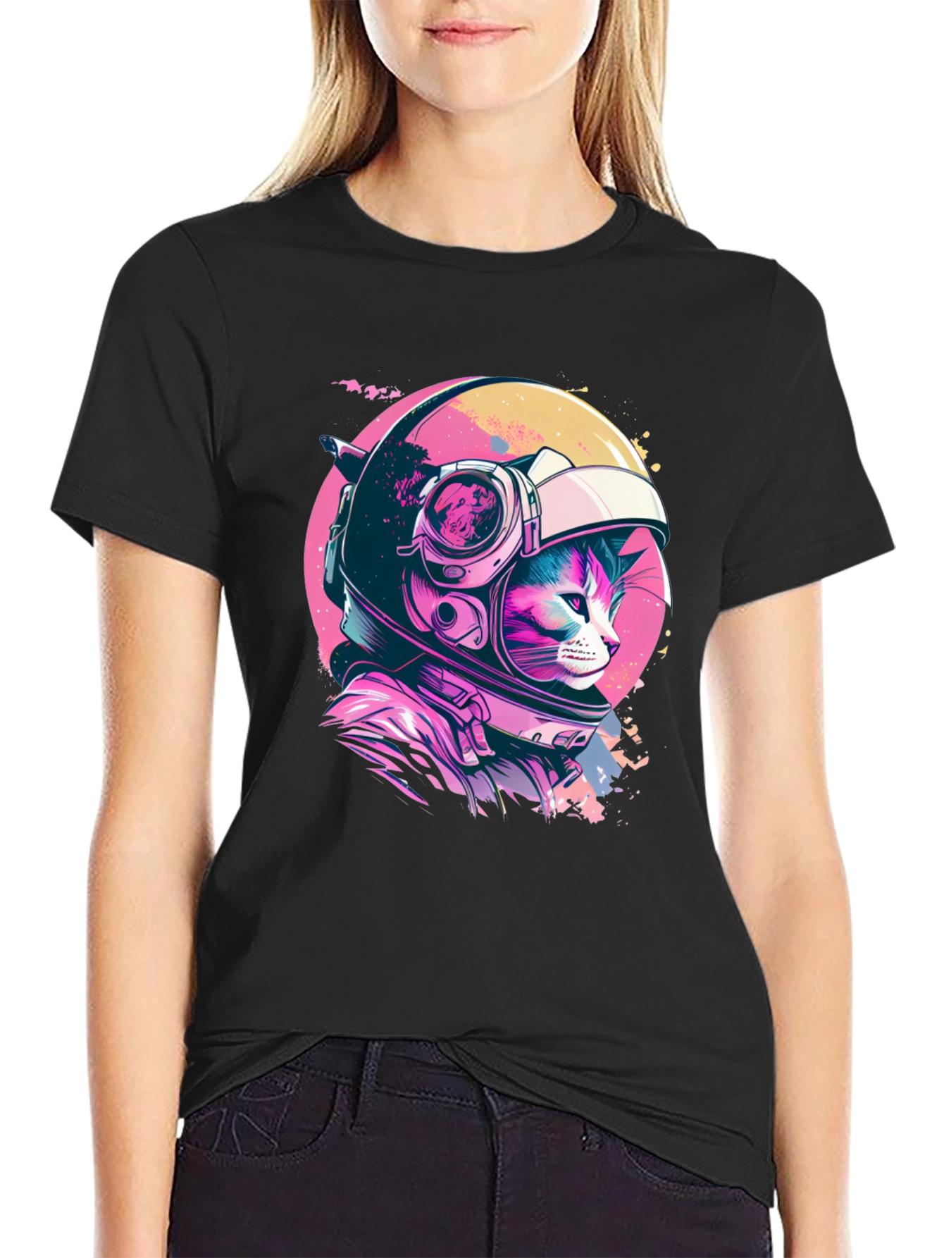 Black Cosmic Cat T-Shirt - Astronaut Kitten in Space! view 2