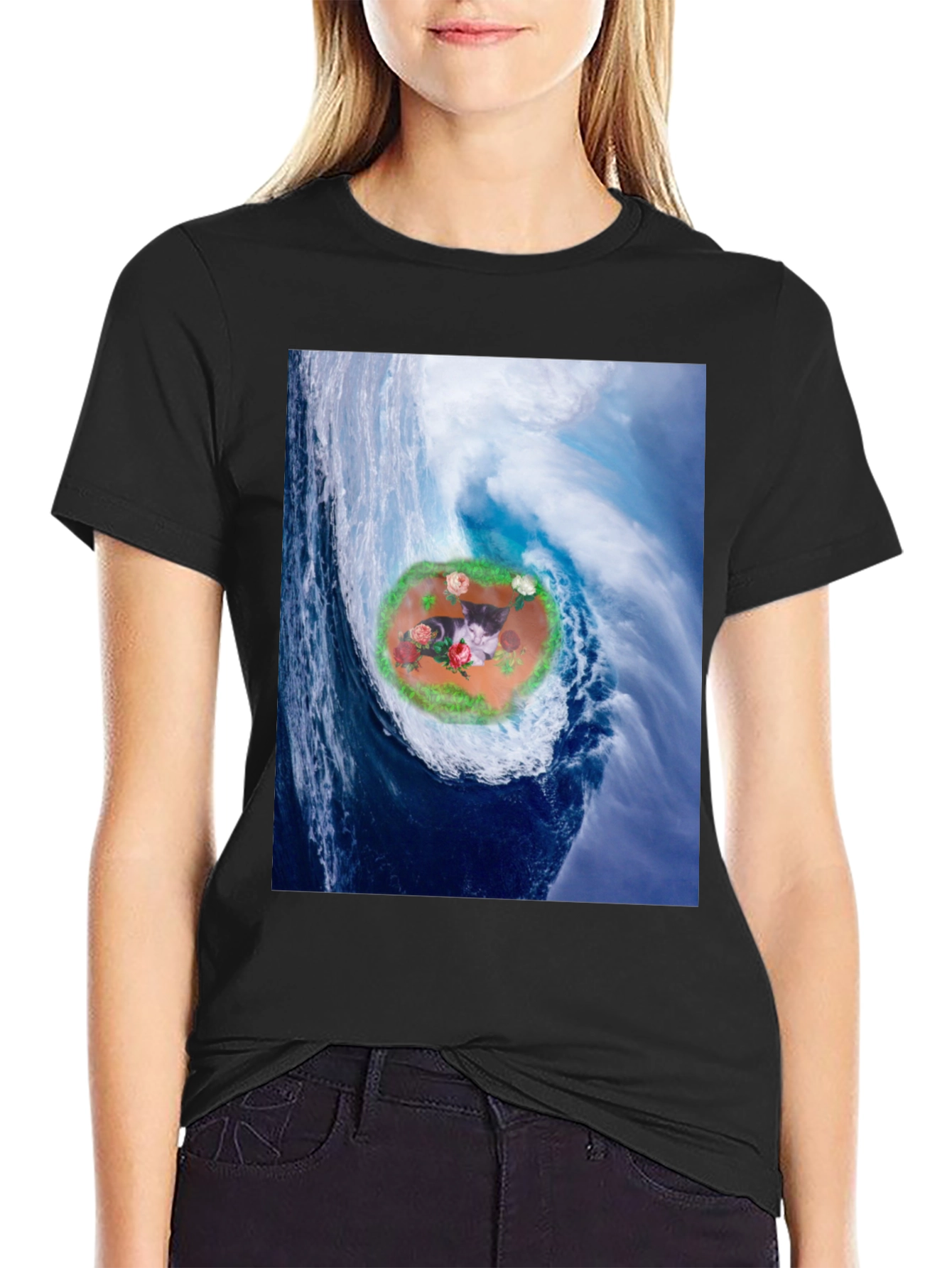 Black Wave Kitty T-Shirt: Black Cotton Blend view 2