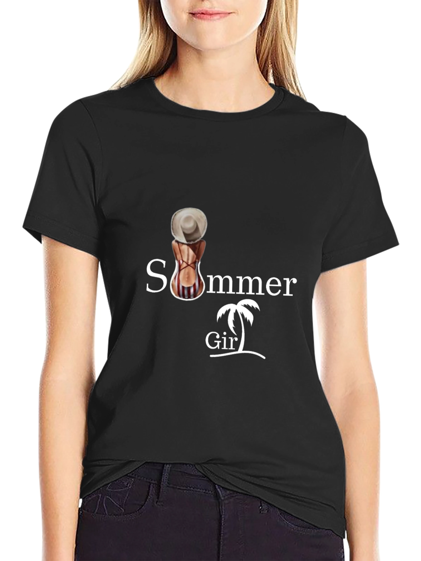 Black Summer Girl Graphic Tee - Black Cotton T-Shirt view 2