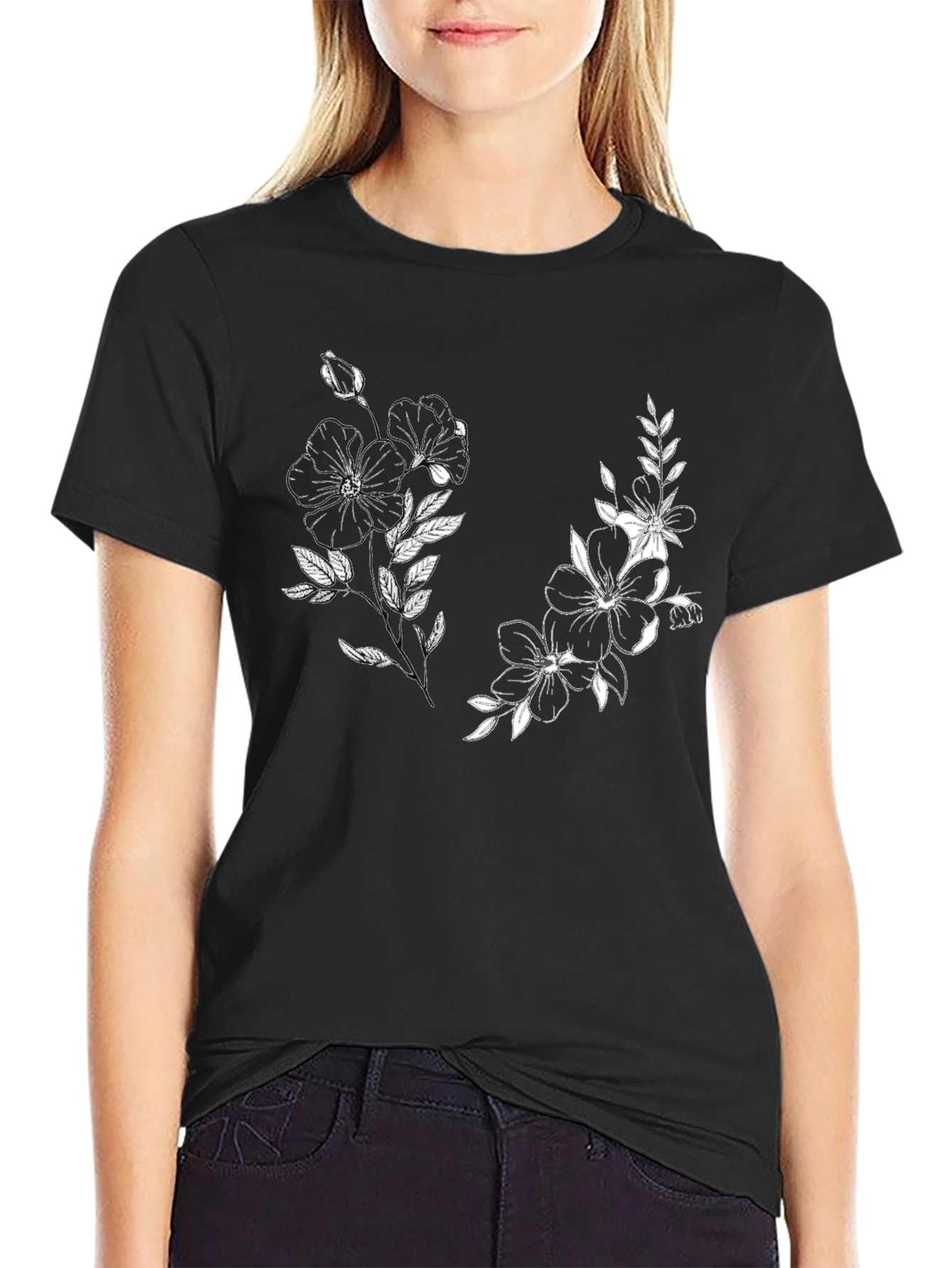 Black Floral Graphic Black Tee - Stylish & Unique view 2
