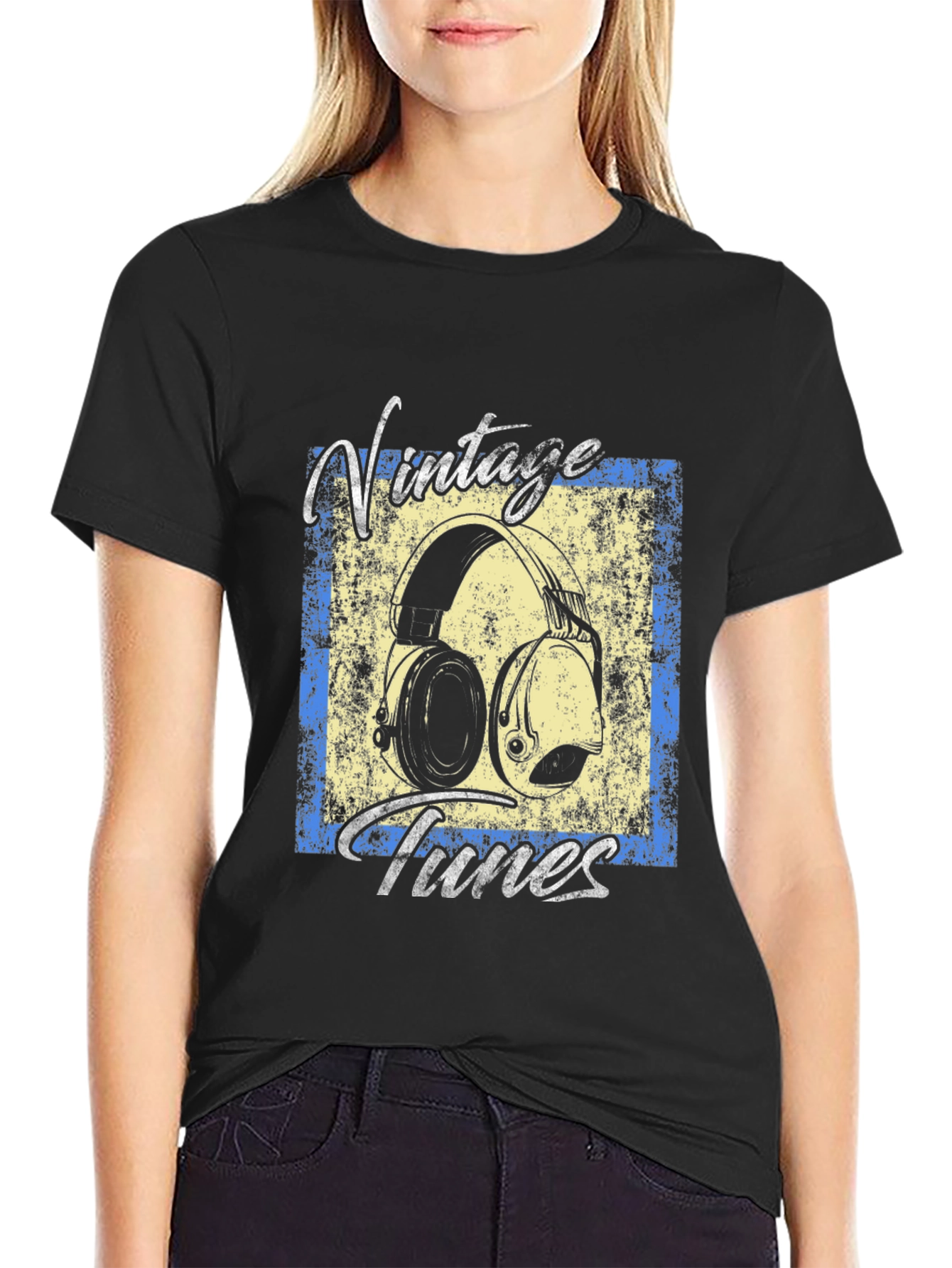 Black Vintage Tunes Graphic Tee - Black Cotton T-Shirt view 2