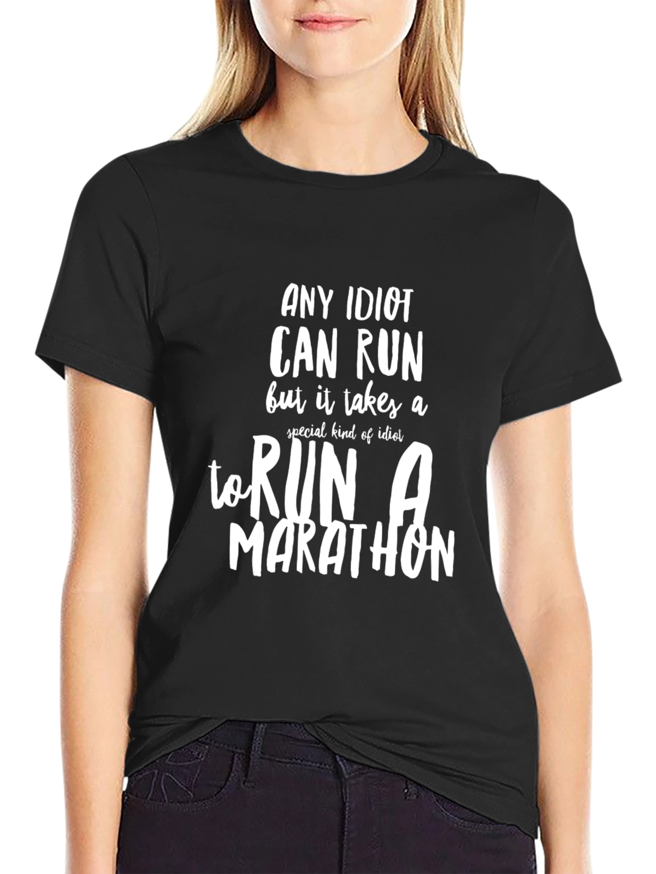 Black Any Idiot Can Run Marathon T-Shirt Funny Slogan Tee view 2
