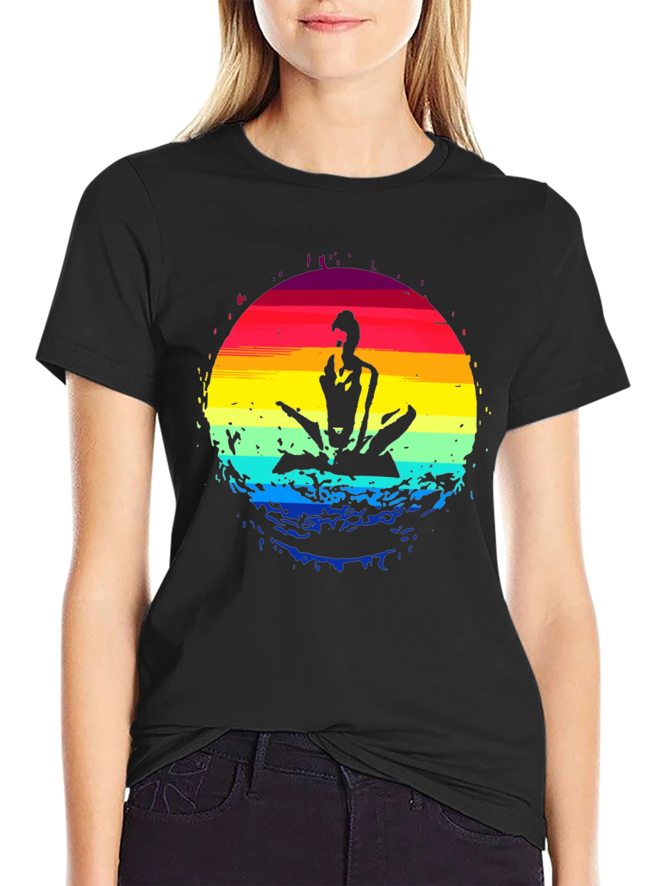 Black Yoga Sunset Graphic Tee - Black Cotton Blend Shirt view 2