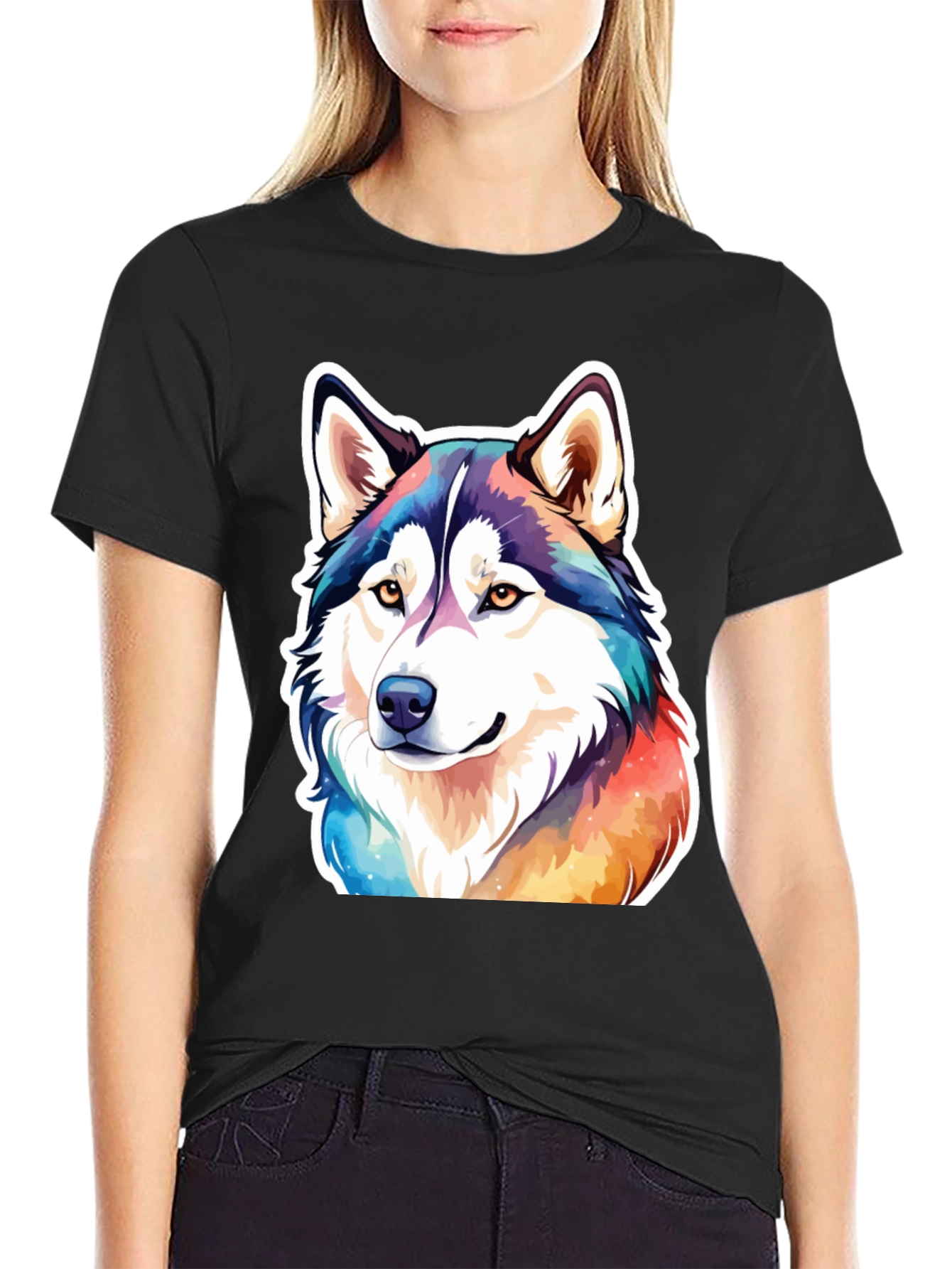Black Husky Dog Colorful T-Shirt view 2