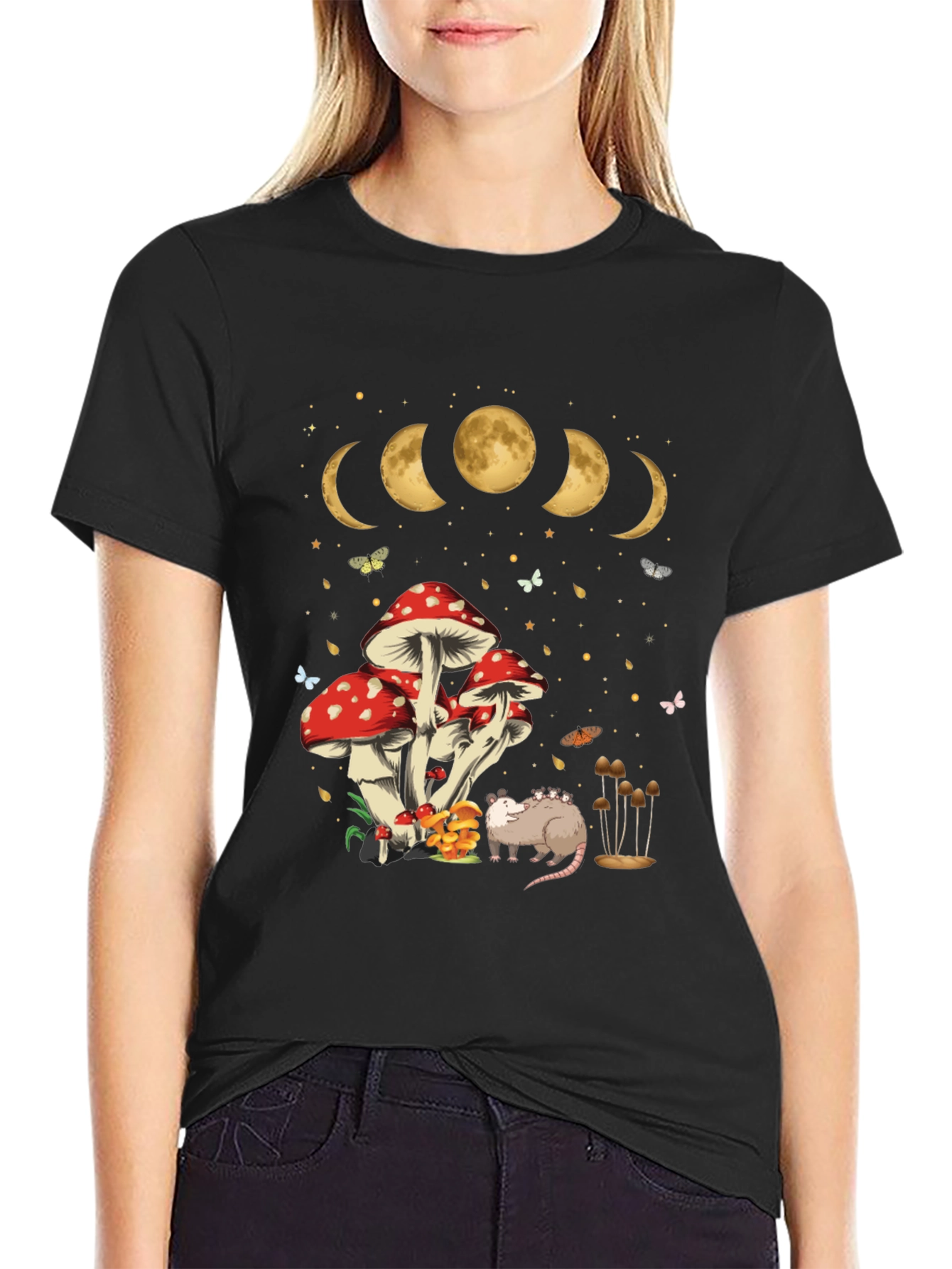 Black Mushroom Moon Phase Opossum Graphic Tee view 2