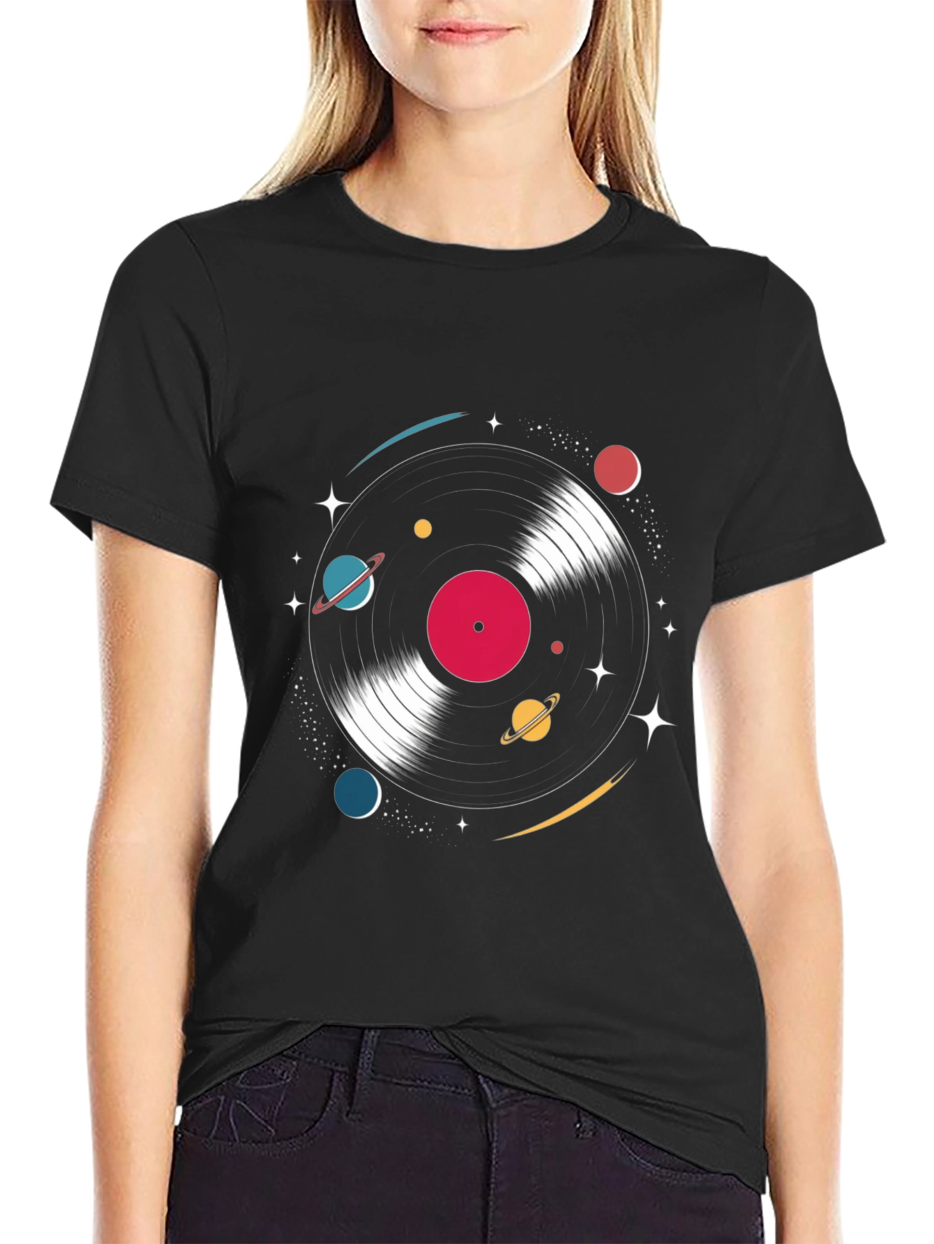 Black Retro Vinyl Record Space T-Shirt view 2