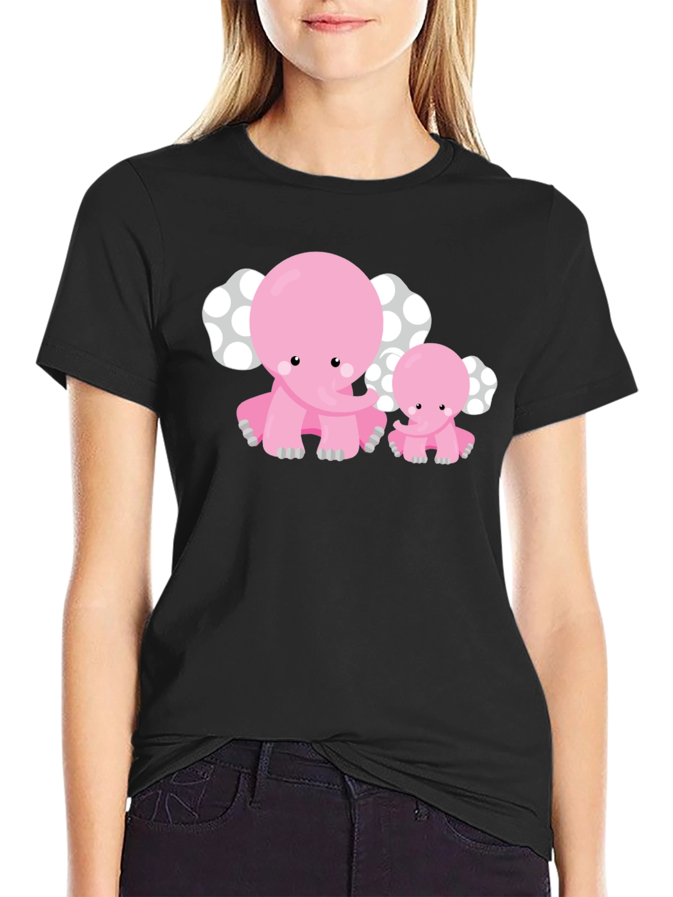 Black Cute Pink Elephant Graphic Tee view 2