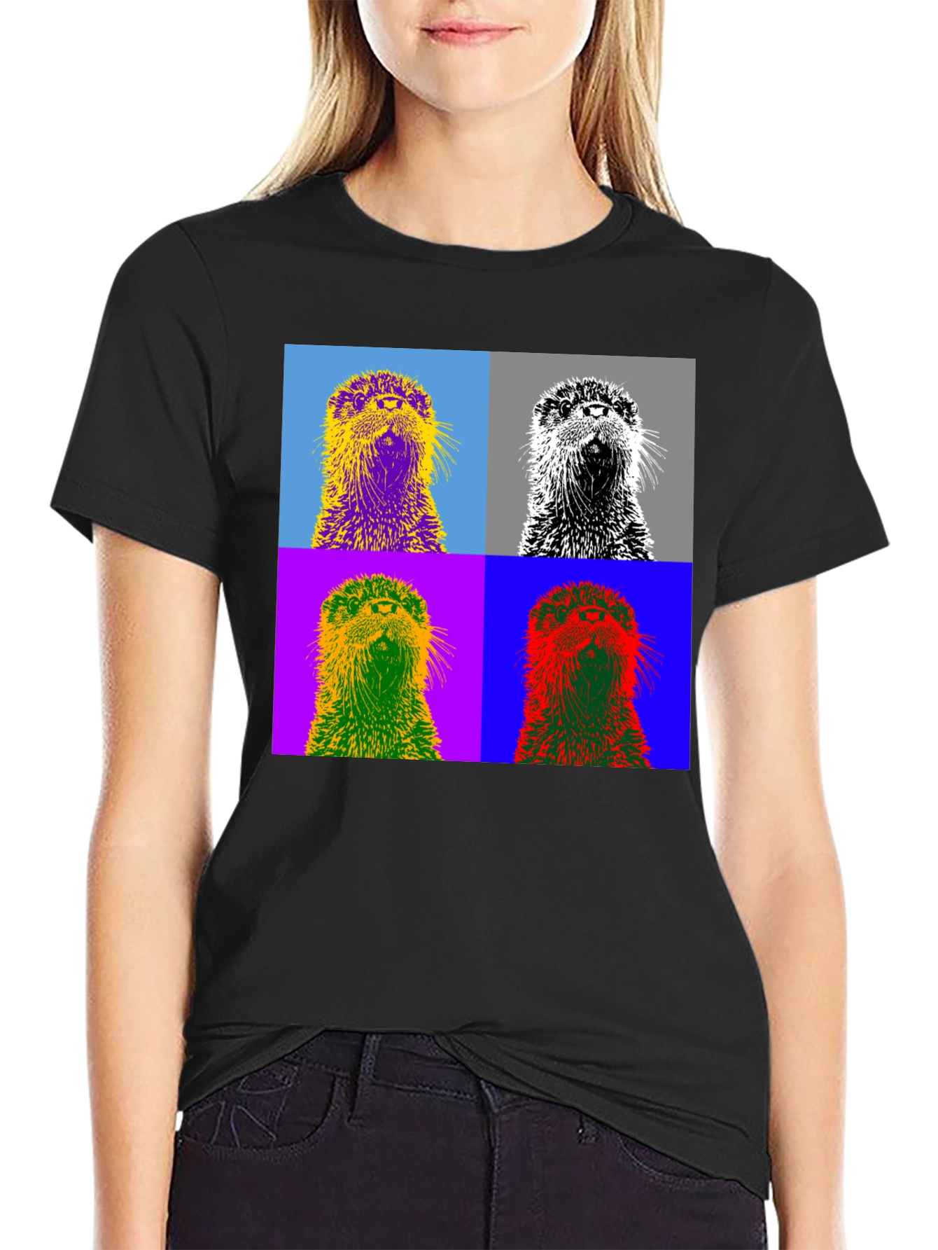 Black Pop Art Otter Graphic Tee - Black Cotton T-Shirt view 2