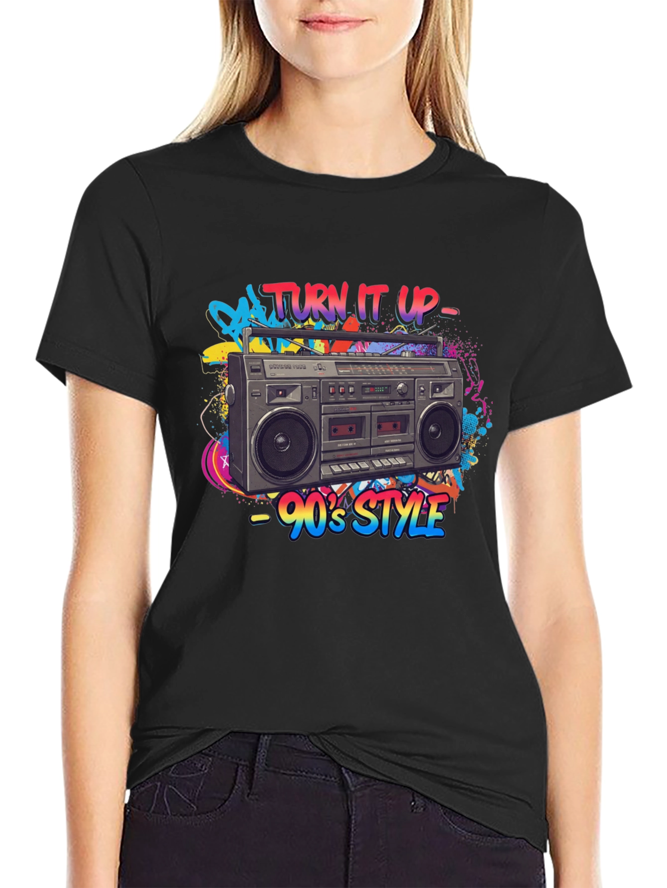 Black 90's Style Boombox Graphic Tee - Turn It Up! view 2