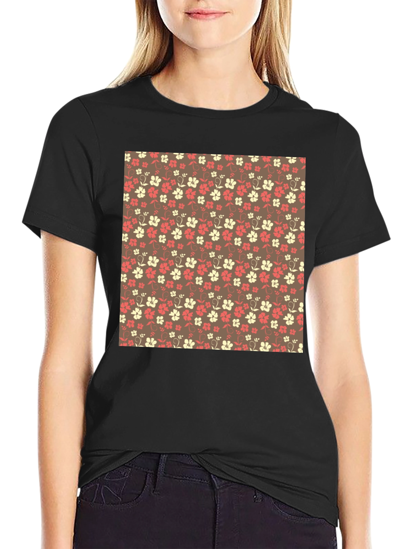 Black Floral Pattern Black Crewneck T-Shirt view 2