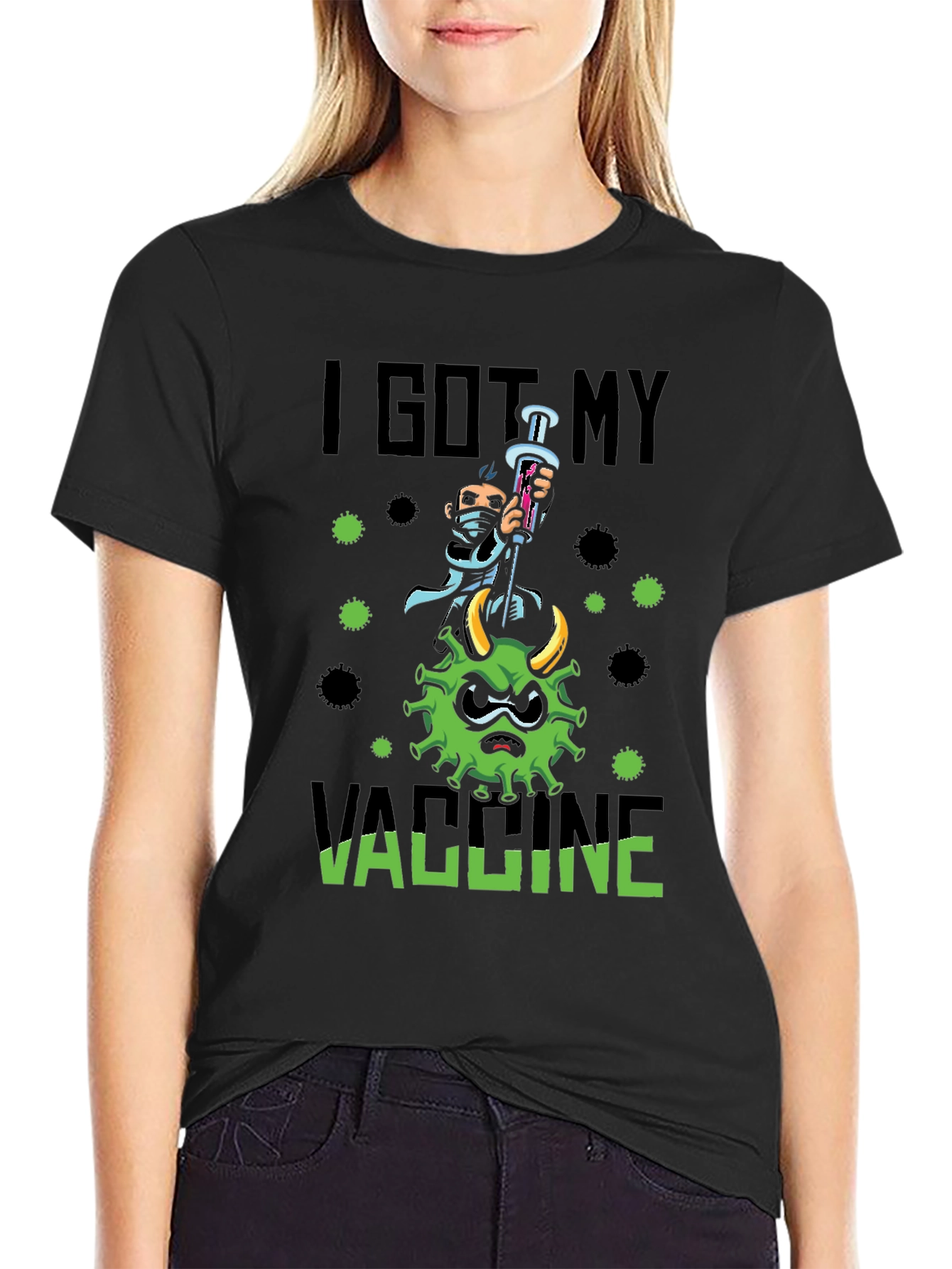 Black I Got My Vaccine T-Shirt - Funny Cartoon Virus Graphic view 2