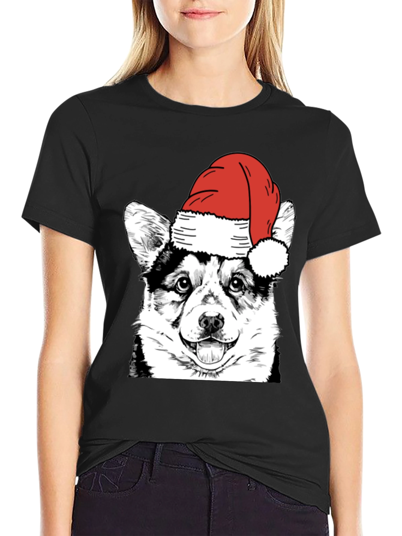 Black Festive Corgi Santa Hat Black T-Shirt view 2