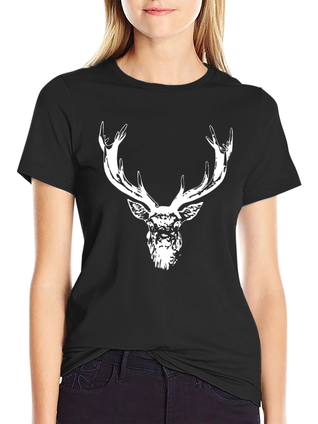 Black Deer Head Graphic Tee - Black Cotton Blend view 2