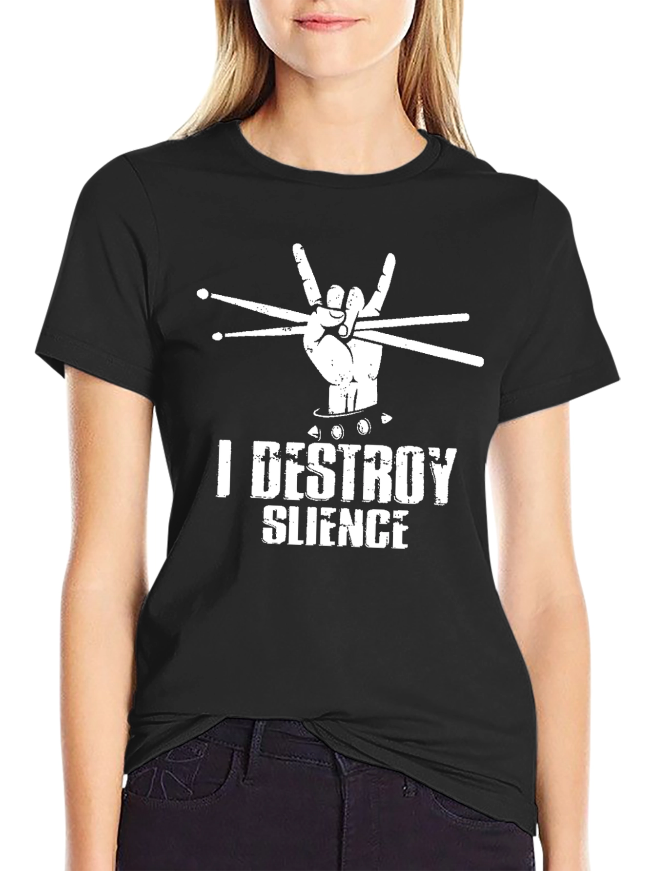 Black I Destroy Silence Drummer Graphic Tee view 2