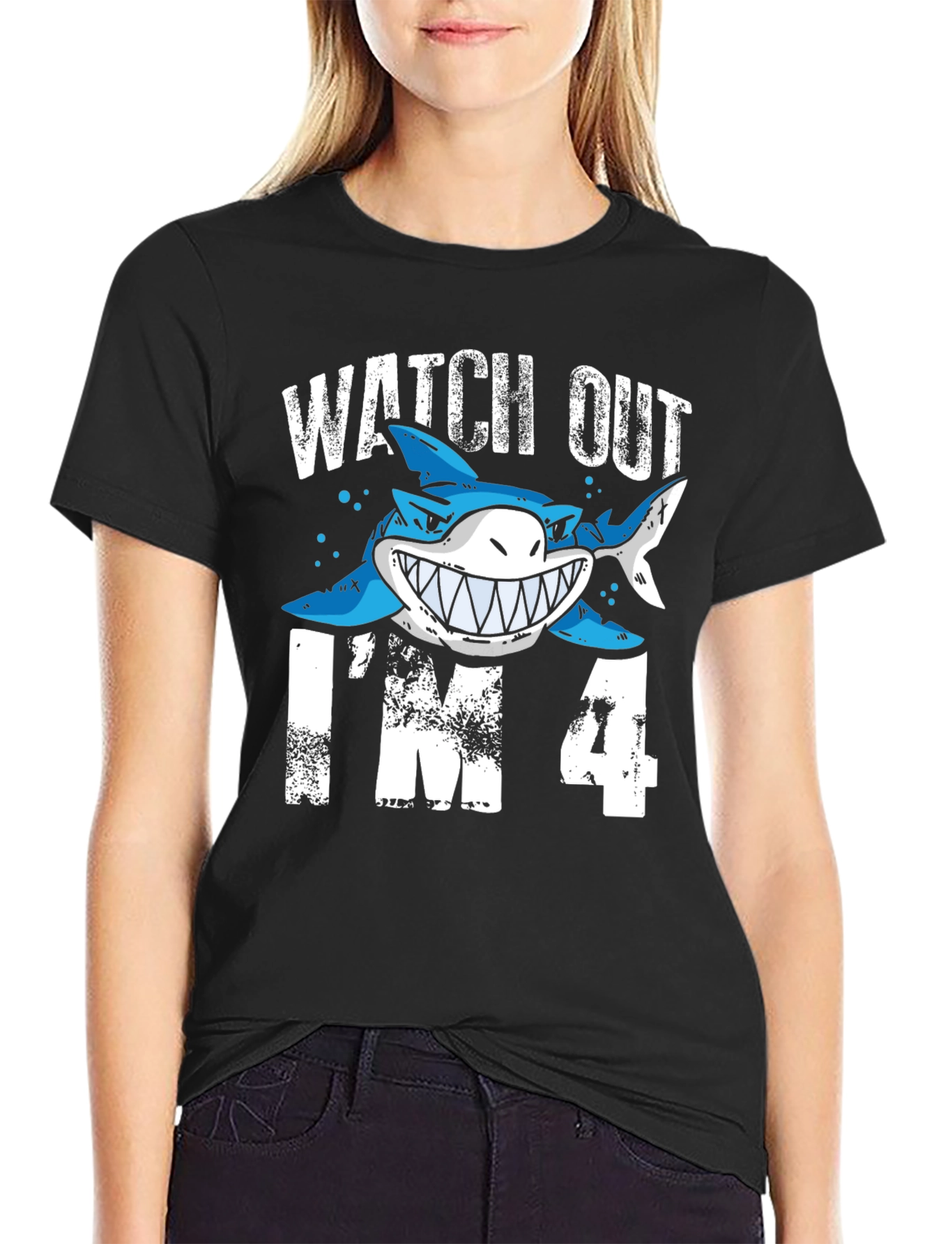 Black Watch Out I'm 4 Shark Birthday T-Shirt view 2
