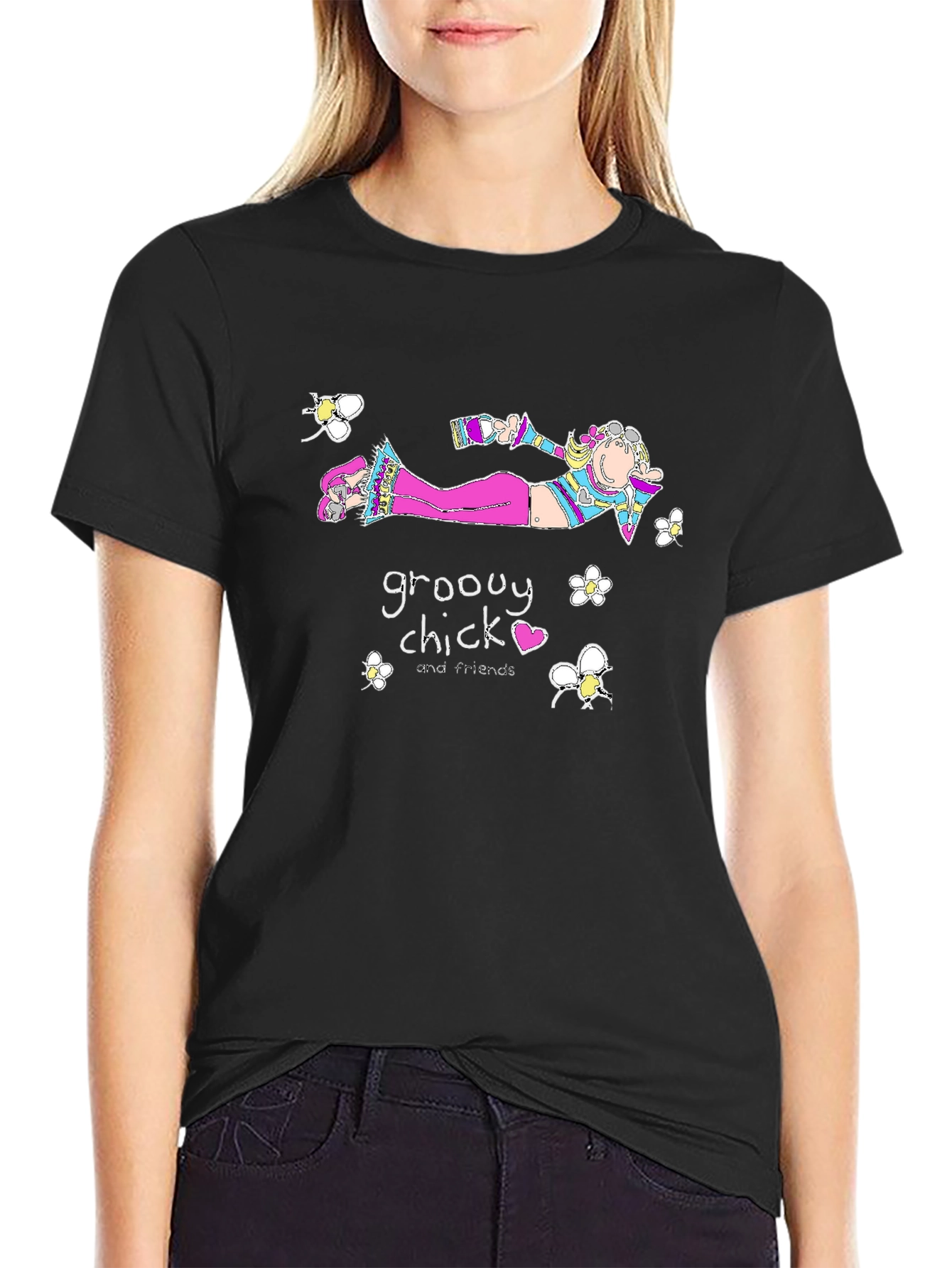 Black Groovy Chick Tee - Quirky Cartoon T-Shirt view 2