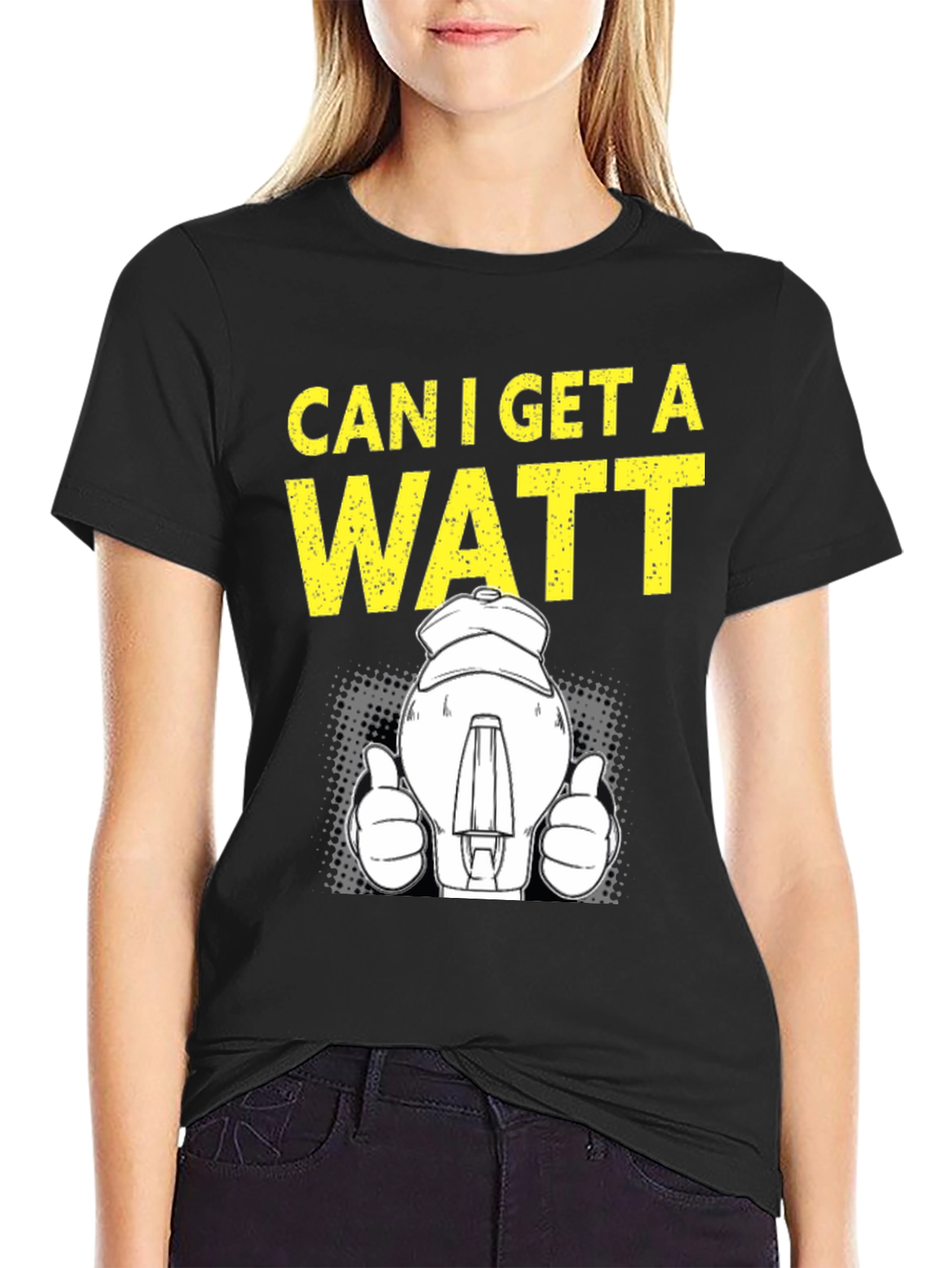 Black Can I Get A Watt T-Shirt, Electrician Humor Tee view 2