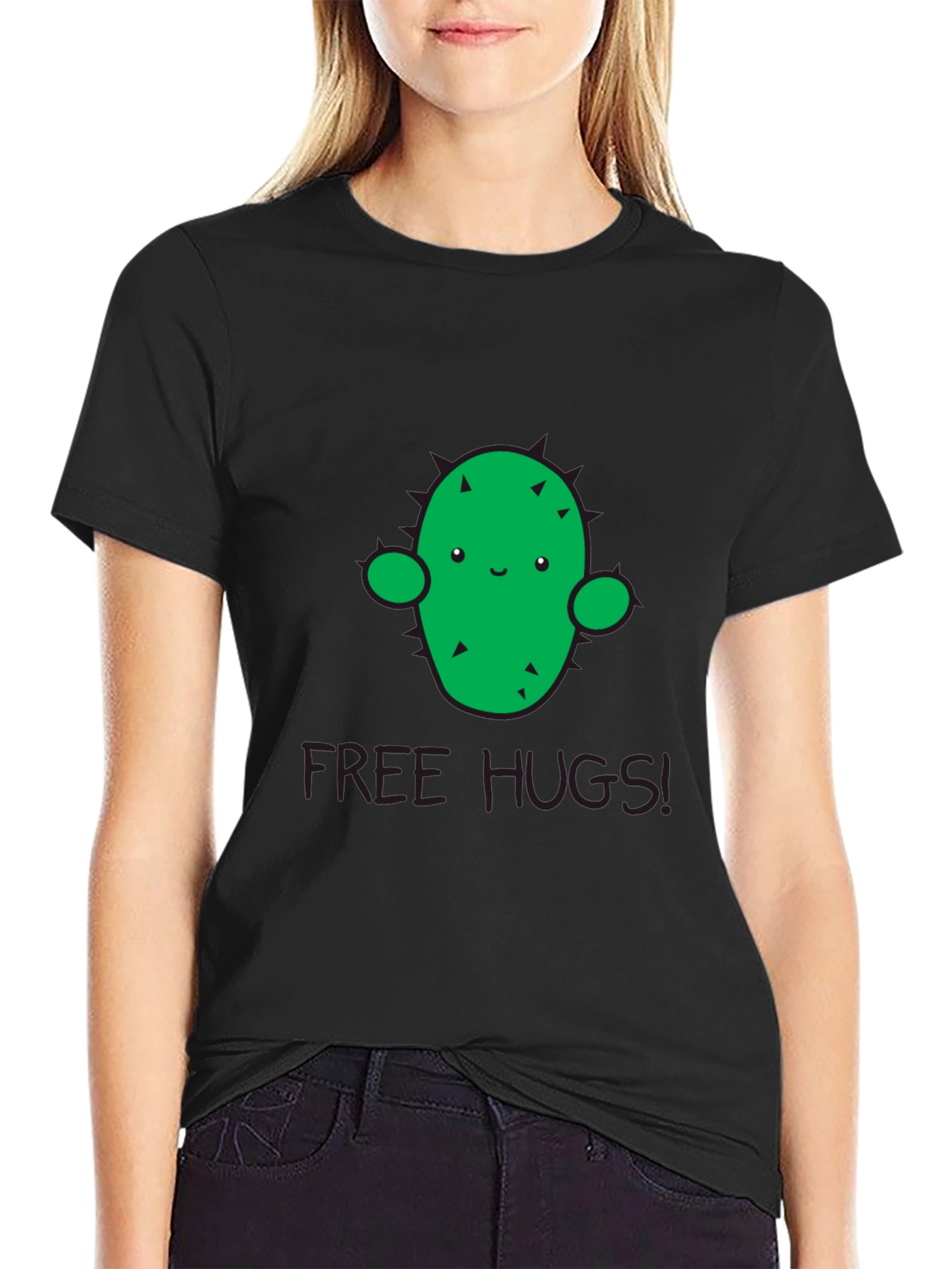 Black Cute Cactus 'Free Hugs' Graphic T-Shirt - Unisex view 2